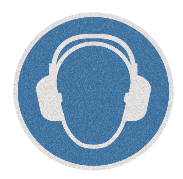 Antirutschbelag von Mehlhose: 400mm Kreis mit "Gehörschutz benutzen"-Symbol. R13 rutschhemmend, langlebig, selbstklebend, für Innen- und Außenbereiche geeignet.