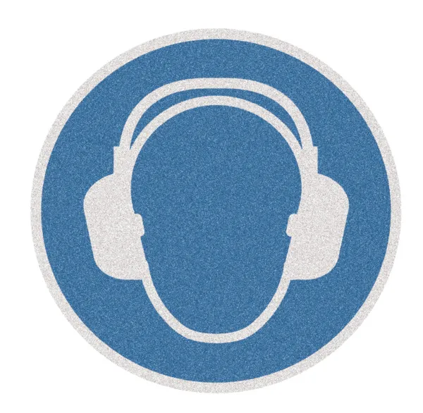 Antirutschbelag von Mehlhose: 400mm Kreis mit "Gehörschutz benutzen"-Symbol. R13 rutschhemmend, langlebig, selbstklebend, für Innen- und Außenbereiche geeignet.