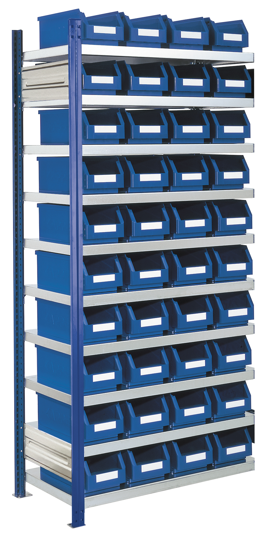 Das ®RasterPlan Steckregal Modell 13 von Kappes Systeme GmbH bietet mit 40 Lagersichtkästen eine robuste, flexible und einfach montierbare Lagerlösung. Maße: 2000x1000x400 mm.