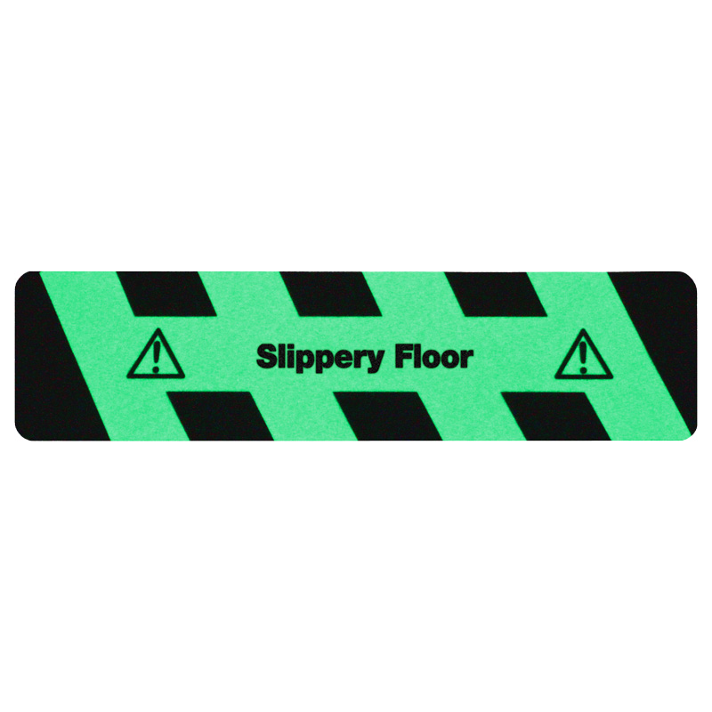 m2-Antirutschbelag Nachleuchtend SG mit Text "Slippery Floor" Streifen 150x610mm