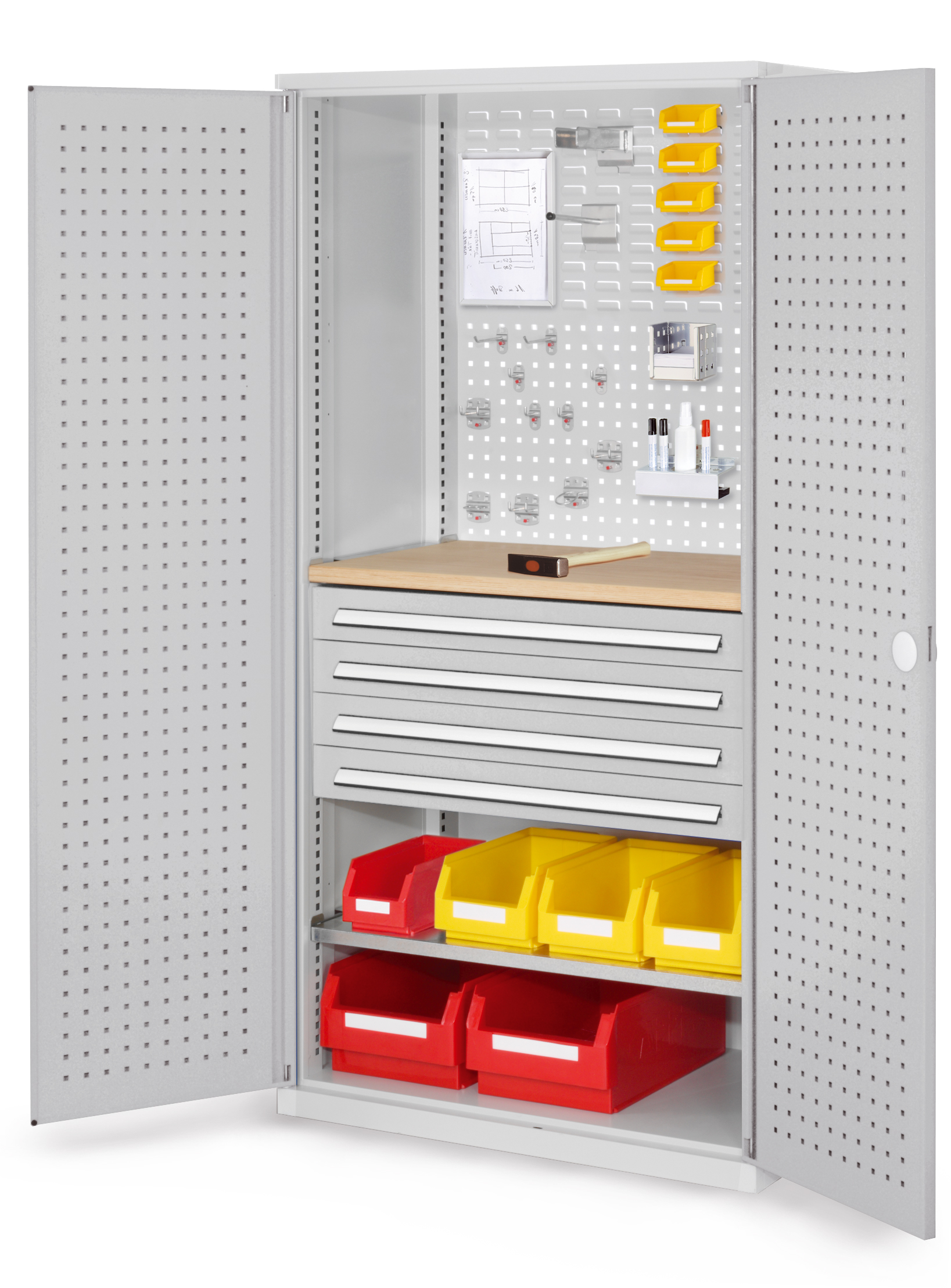 Der RasterPlan Schubladenschrank von Kappes Systeme GmbH bietet robuste Stahlkonstruktion, flexible Schubladen und integrierte Werkbankplatte für optimale Organisation.