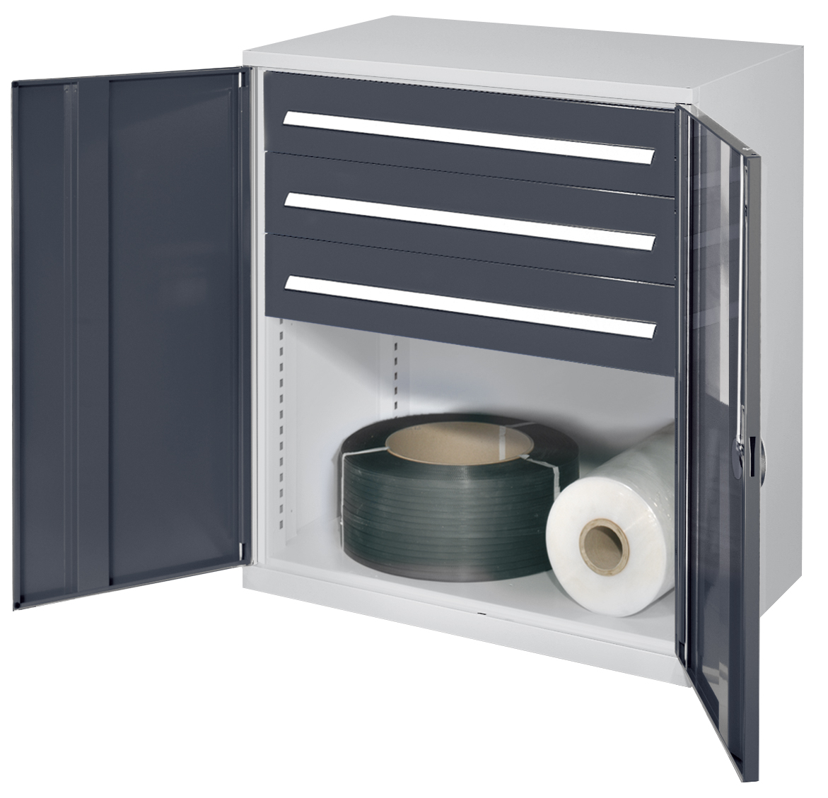 Der Schwerlast-Beistellschrank Modell 67 von Kappes Systeme GmbH bietet robuste Stahlkonstruktion, Vollblechtüren und flexible Schubladen für sichere Werkzeuglagerung.