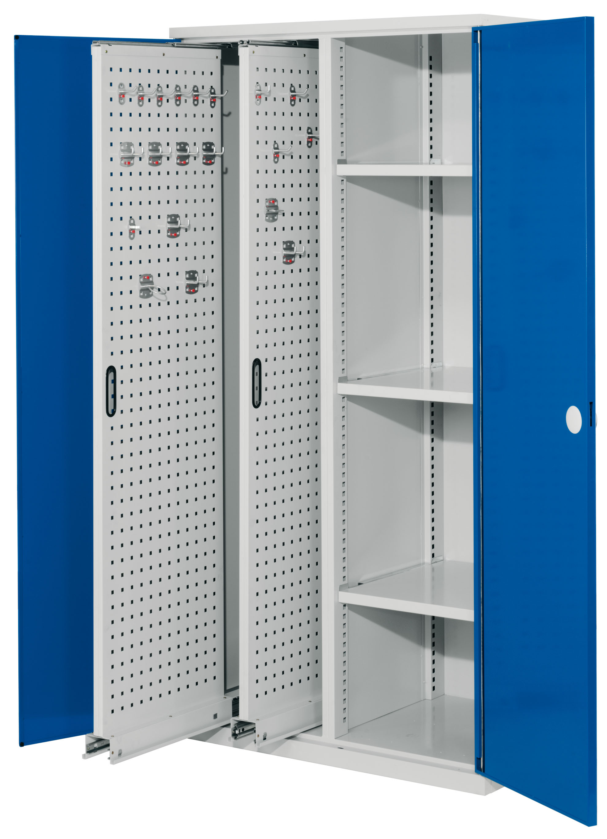 ®RasterPlan Vertikalschrank Modell 80 1950 x 1000 x 600 mm RAL 7035/5010. Doppelwandtür 2 Auszüge Lochplatten 3 Böden.