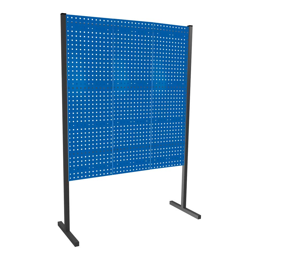 Das ®RasterPlan Trennwand Einzelfeld (L1500 mm, H1500 mm, RAL 5010) mit drei Lochplatten bietet flexible, robuste und ästhetische Raumtrennungslösungen.