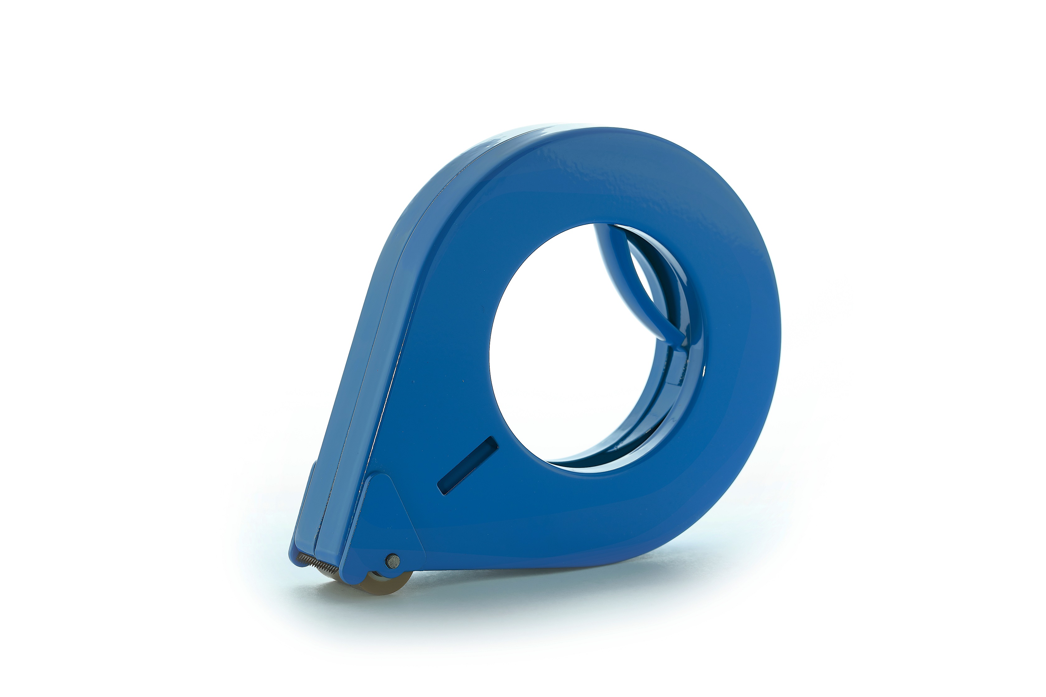 Handabroller aus Metall Blau mit Abrollbremse, 25mm Bandbreite, 122mm Außendurchmesser