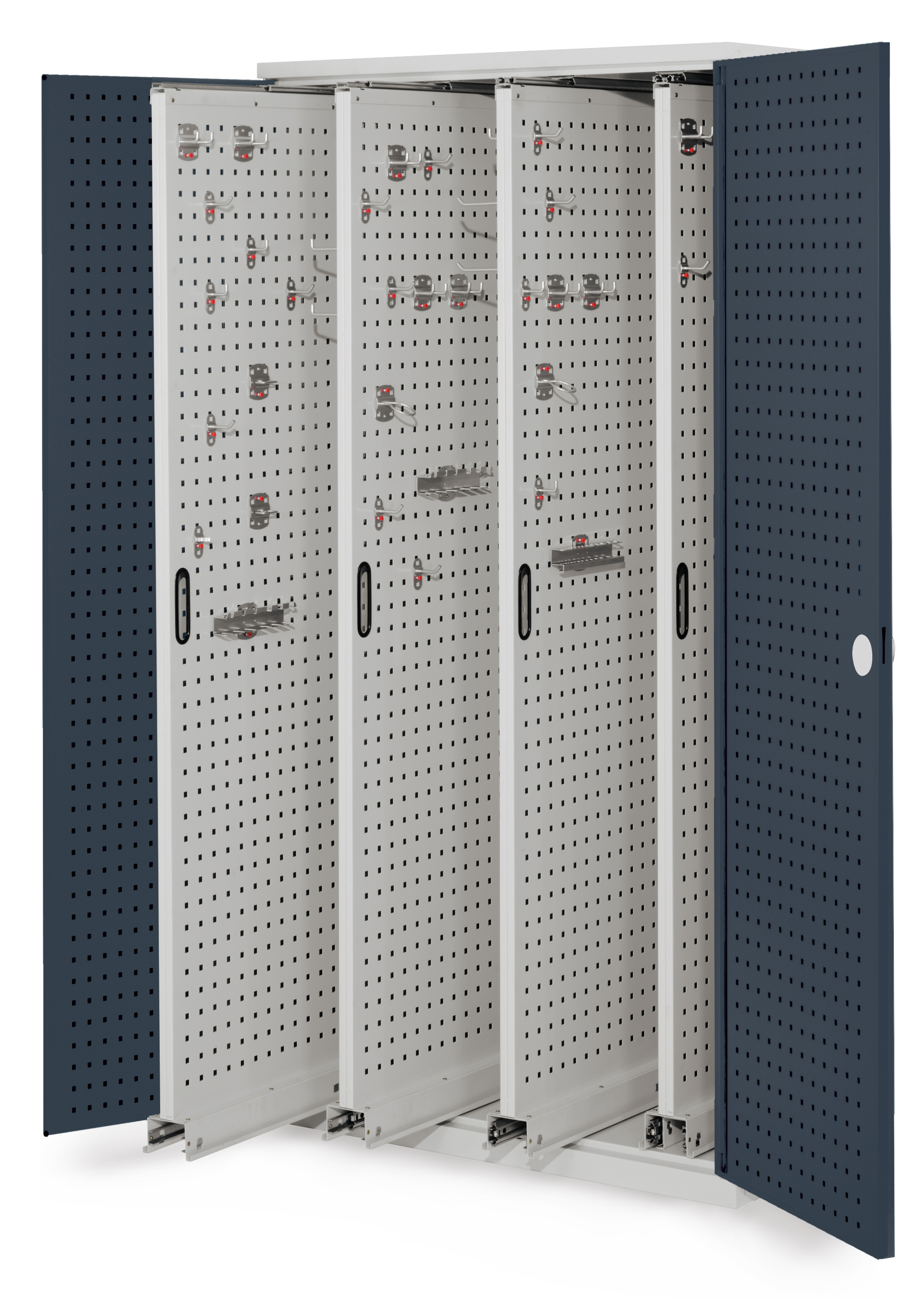 Der RasterPlan Vertikalschrank Modell 83 von Kappes Systeme bietet kompakte, sichere Werkzeuglagerung mit robustem Stahl, Lochplatten und 200° Türöffnung.