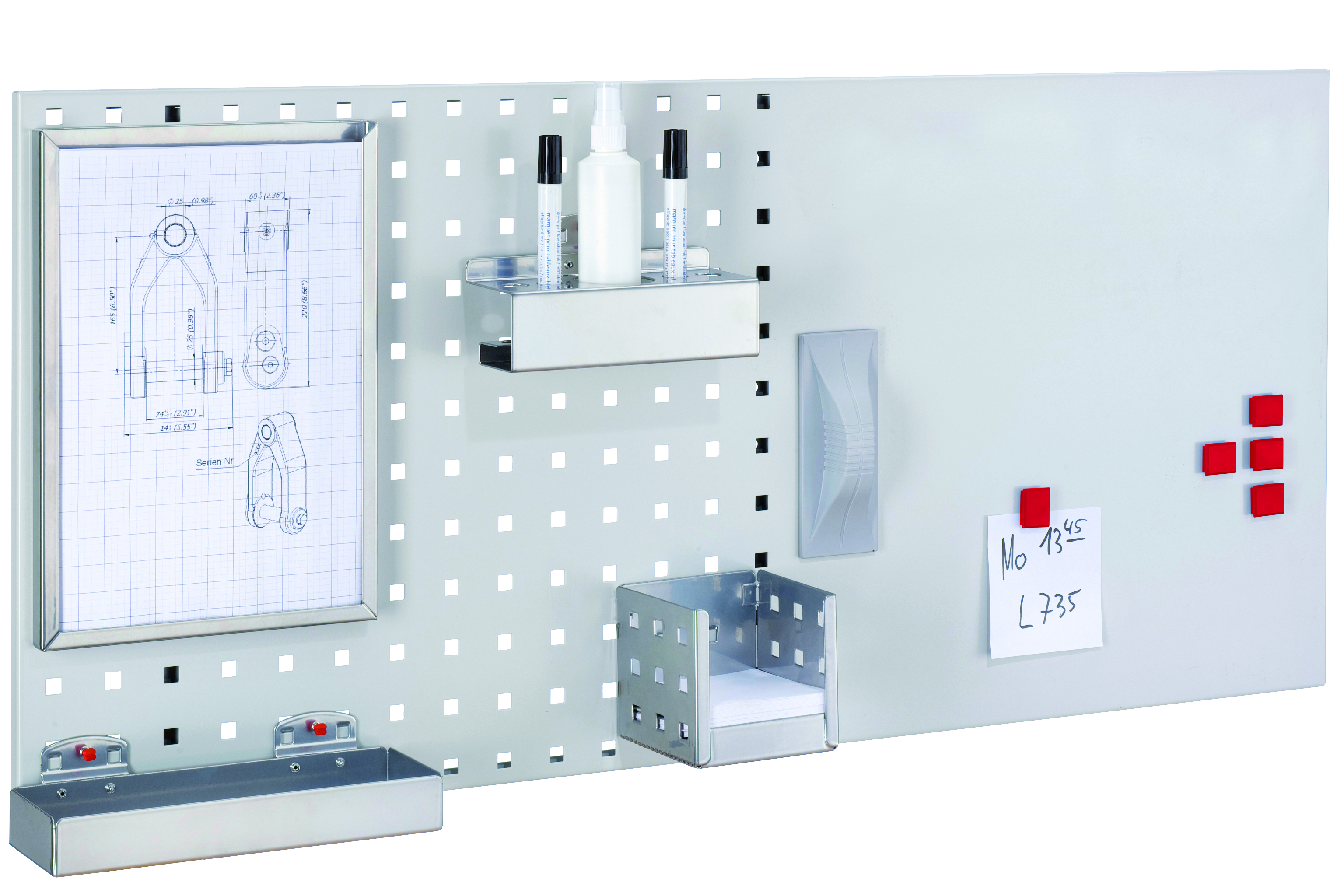 LogoChart Office Set 1 RAL 7035. 1 LogoChart® RAL 7035 1 Formularhalter 1 Zettelbox 1 Ablagebox 1 Kombi Stifthalter 5 Magnete 1 Wischer (magnetisch) 1 Reinigungsspray 2 Non-Permanent-Stifte (schwarz).