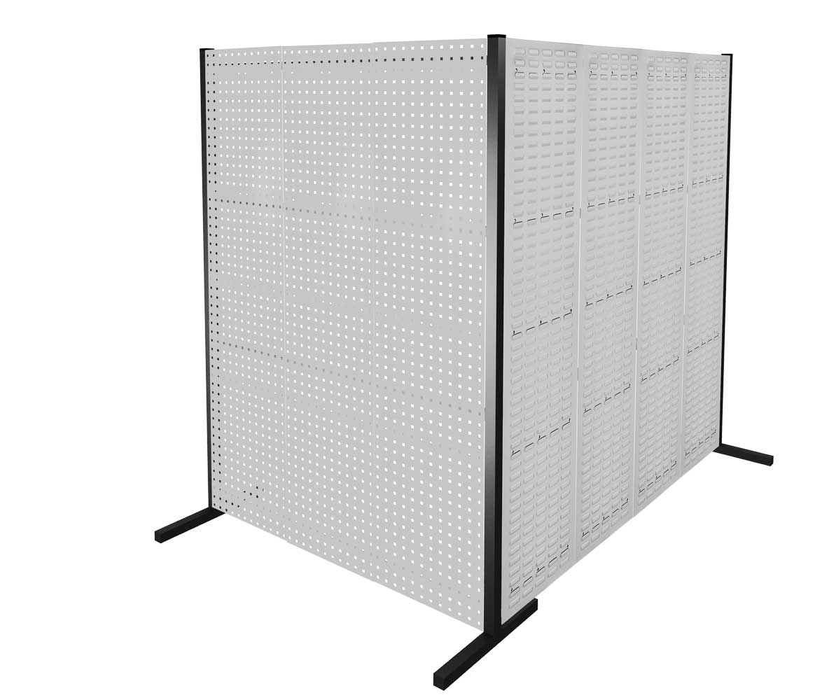 Die ®RasterPlan Trennwand Doppelfeld 90° von Kappes Systeme GmbH bietet flexible Raumteilung mit 4 Loch- und 3 Schlitzplatten in RAL 7035, Höhe 1500/2000 mm.