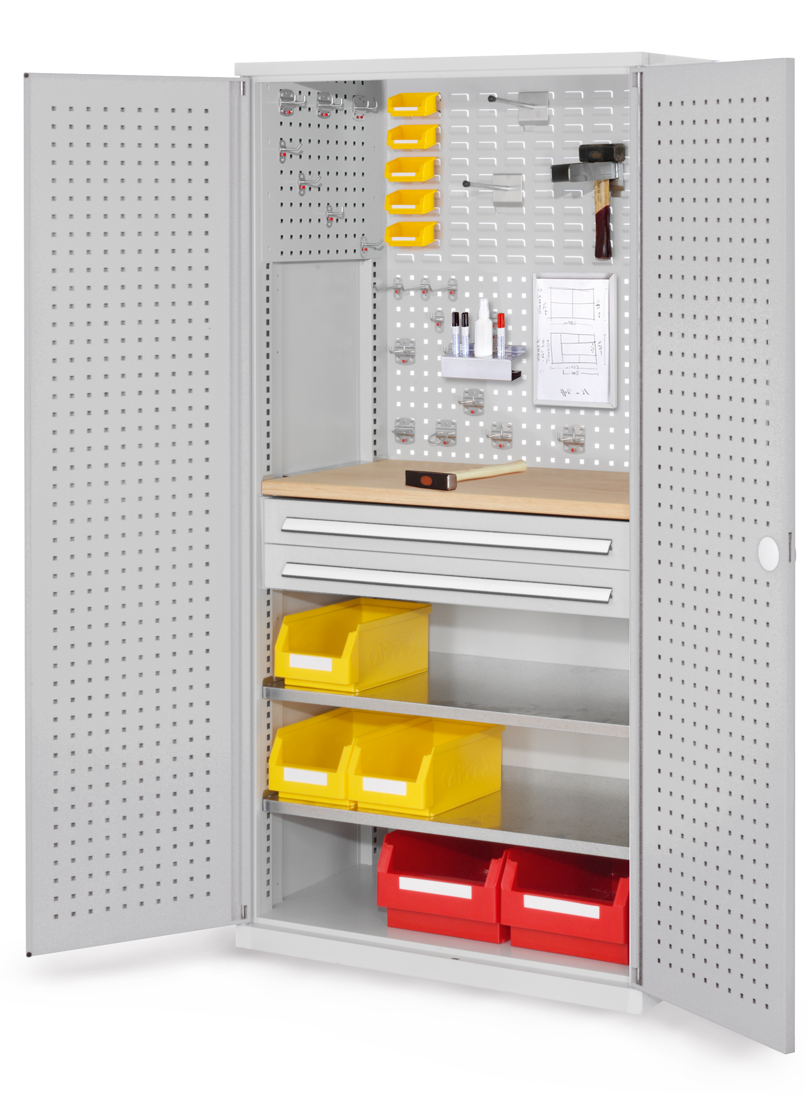 ®RasterPlan Schubladenschrank Modell 14 RAL 7035. Türinnenseite: Lochplatten 1950 x 1000 x 600 mm 2 Schubladen H 100 mm 2 Fachboden verzinkt 1 Werkbankplatte Multiplex.
