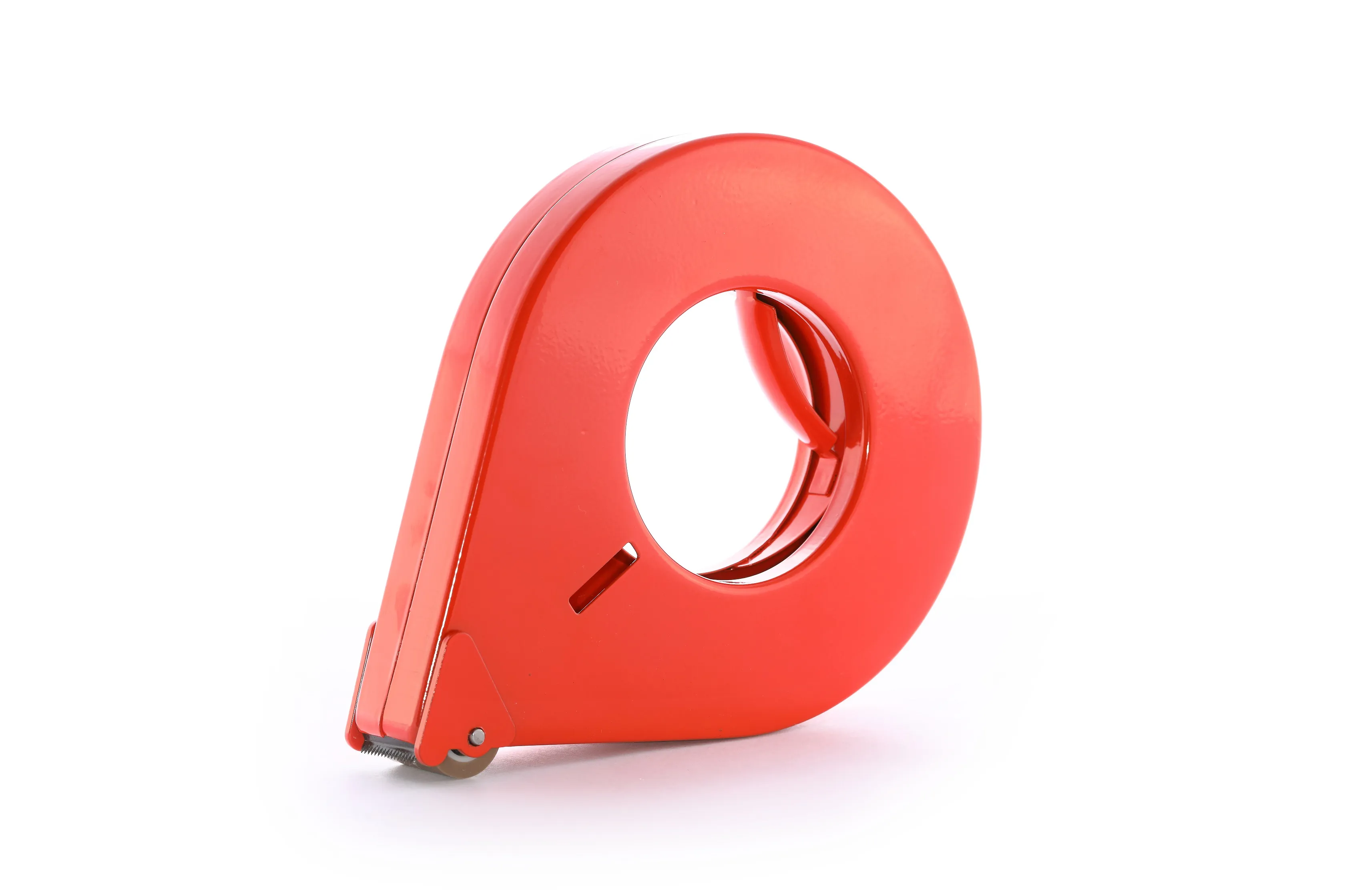 Roter Handabroller von Traydon GmbH für einseitige Klebebänder, 142 mm Durchmesser, 25 mm Rollenbreite, mit ergonomischem Griff und präziser Karbonstahlklinge.