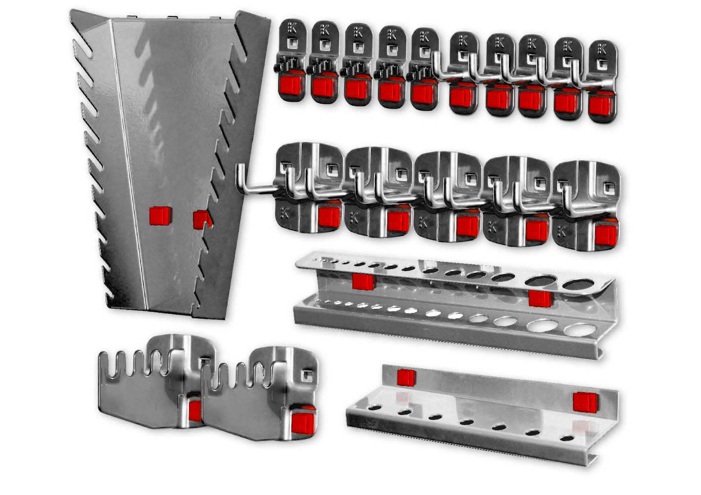 Das 20-teilige ABAX® Werkzeughalter-Sortiment in Alufarben bietet flexible, werkzeuglose Montage für effiziente Organisation. Kompatibel mit ®RasterPlan.