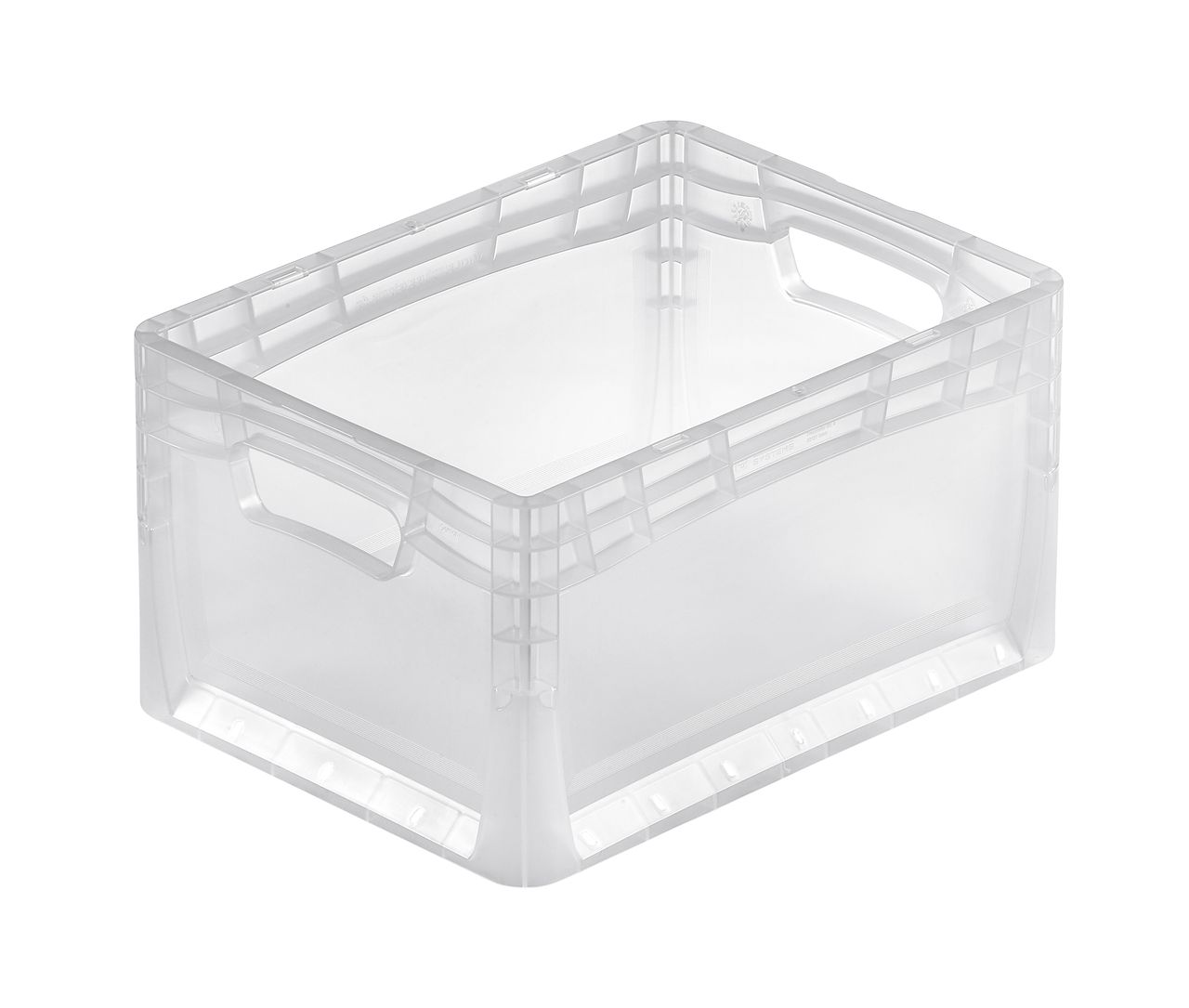 Transparenter Euro-Norm-Behälter von Bekuplast, 24L Volumen, 400x300x220mm, stabil durch Doppelwandkonstruktion, komfortable offene Griffe, ideal für Lagerung und Transport.