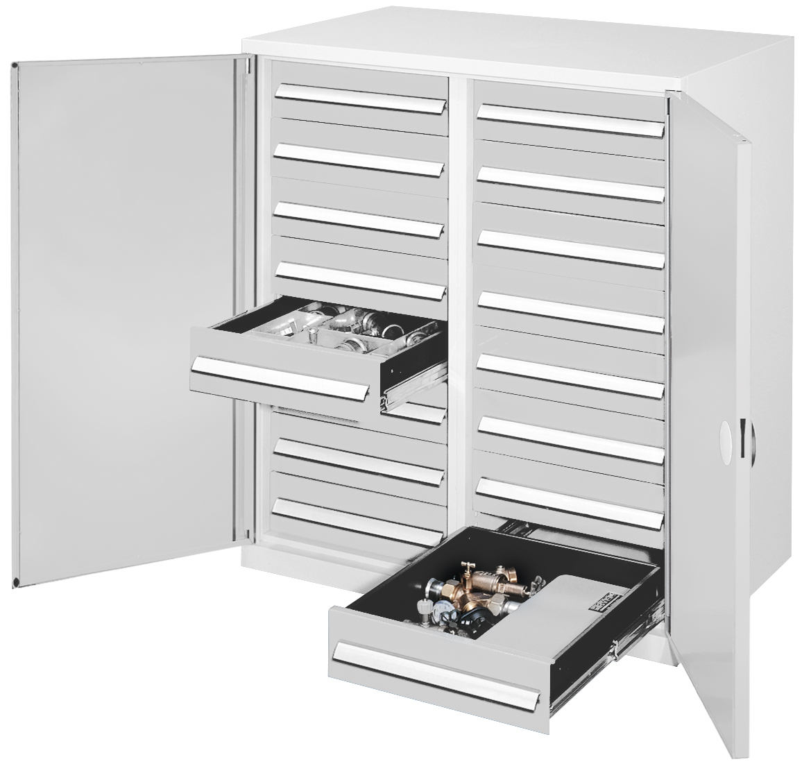Produktbild des Schwerlast-Beistellschranks Modell 72 von Kappes Systeme GmbH: Robuste Stahlkonstruktion, lichtgrau, 16 Schubladen, hohe Belastbarkeit bis 1,65 t.