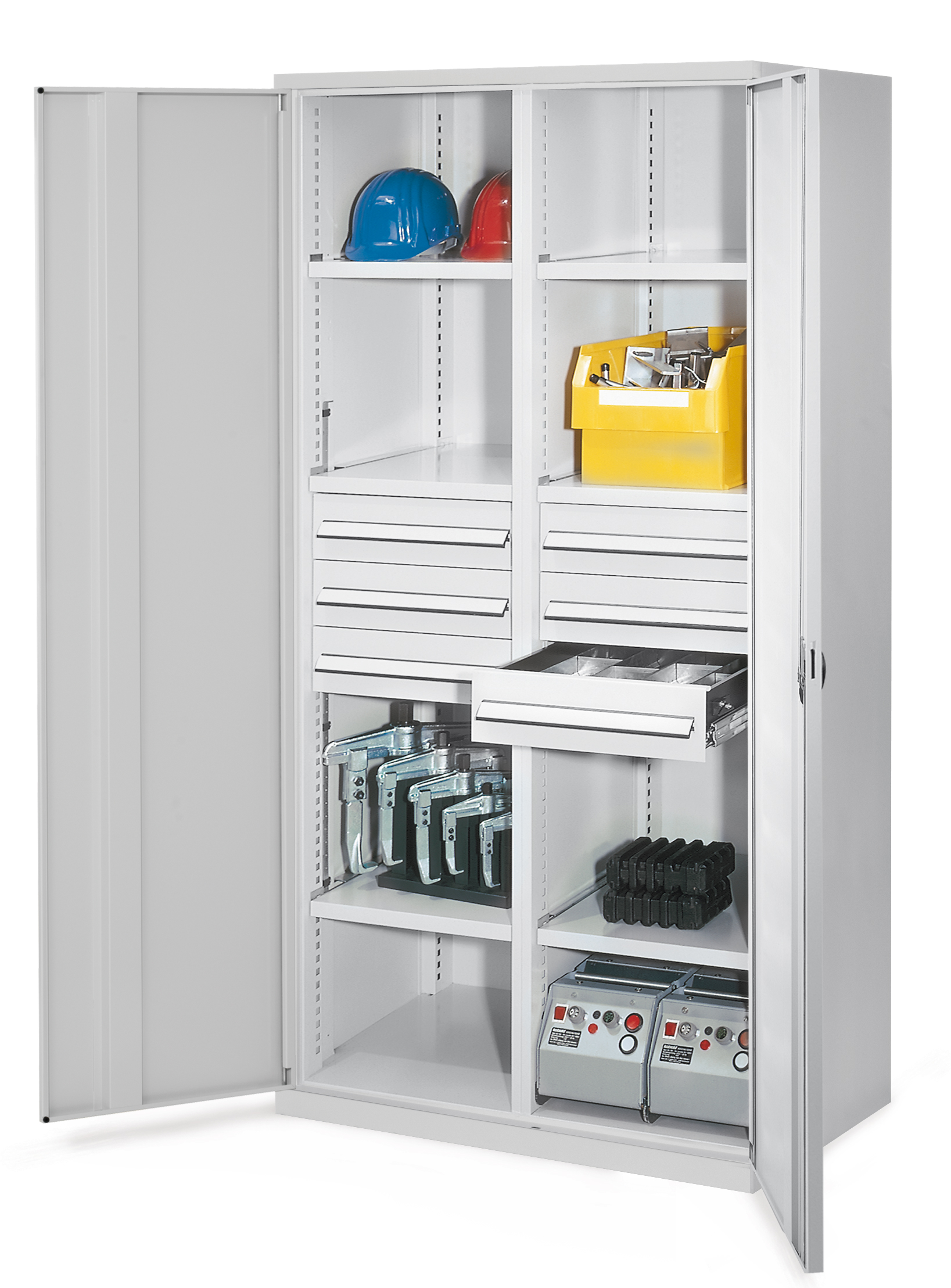 Schwerlastschrank mit Mitteltrennwand 1950 x 1000 x 600 mm Mod 53 RAL 7035. Vollblechtür 6 Schubladen H 125 mm 3 Fachboden links verzinkt 3 Fachboden rechts verzinkt.