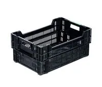 Der schwarze Bekuplast Drehstapelbehälter (600x400x260 mm) aus HDPE bietet optimale Belüftung, ist stapelbar, leicht und robust – ideal für Lagerung und Transport.