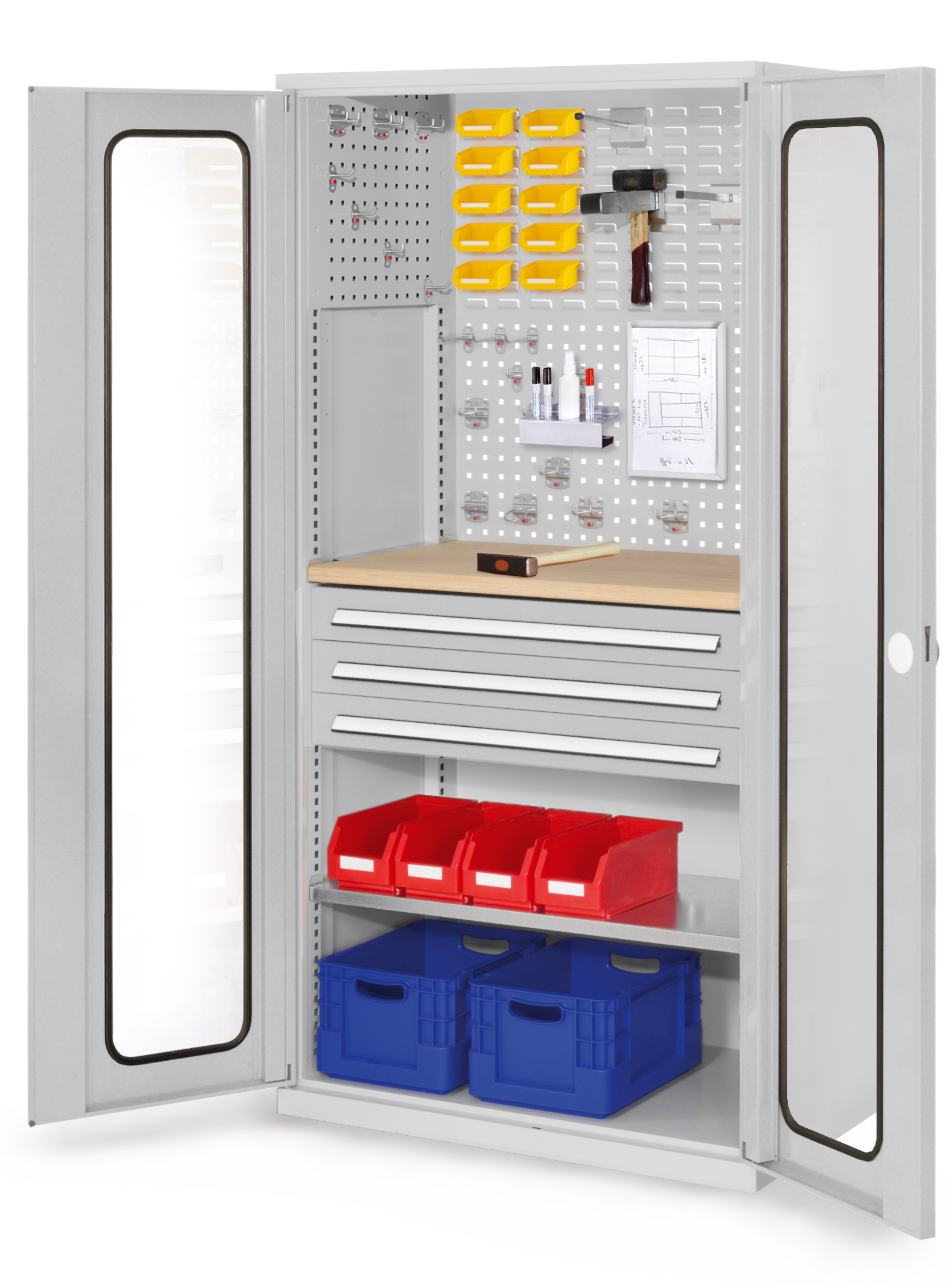 Der RasterPlan Schubladenschrank Modell 35 von Kappes Systeme bietet robuste Stahlkonstruktion mit Sichtfenstertür, ideal für Werkzeuglagerung und Organisation.