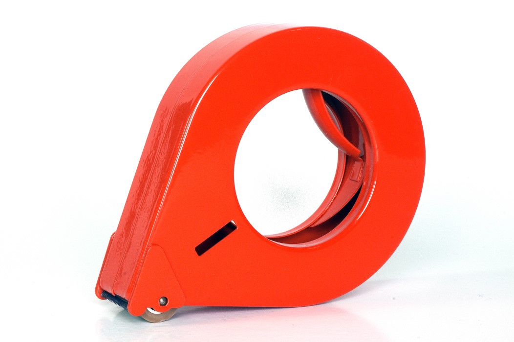 Handabroller aus Metall Orange mit Abrollbremse, 30mm Bandbreite, 122mm Außendurchmesser
