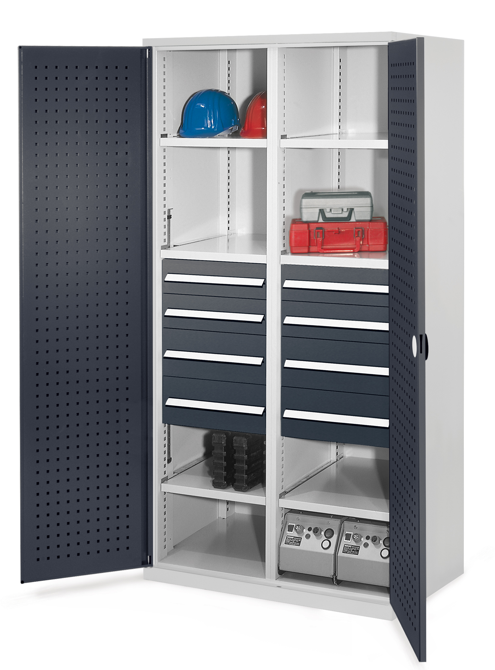Schwerlastschrank Mod 54 von Kappes Systeme: Robuste Stahlkonstruktion mit 8 Schubladen, 6 Fachböden und 1,65 t Kapazität, ideal für schwere Werkzeuge.
