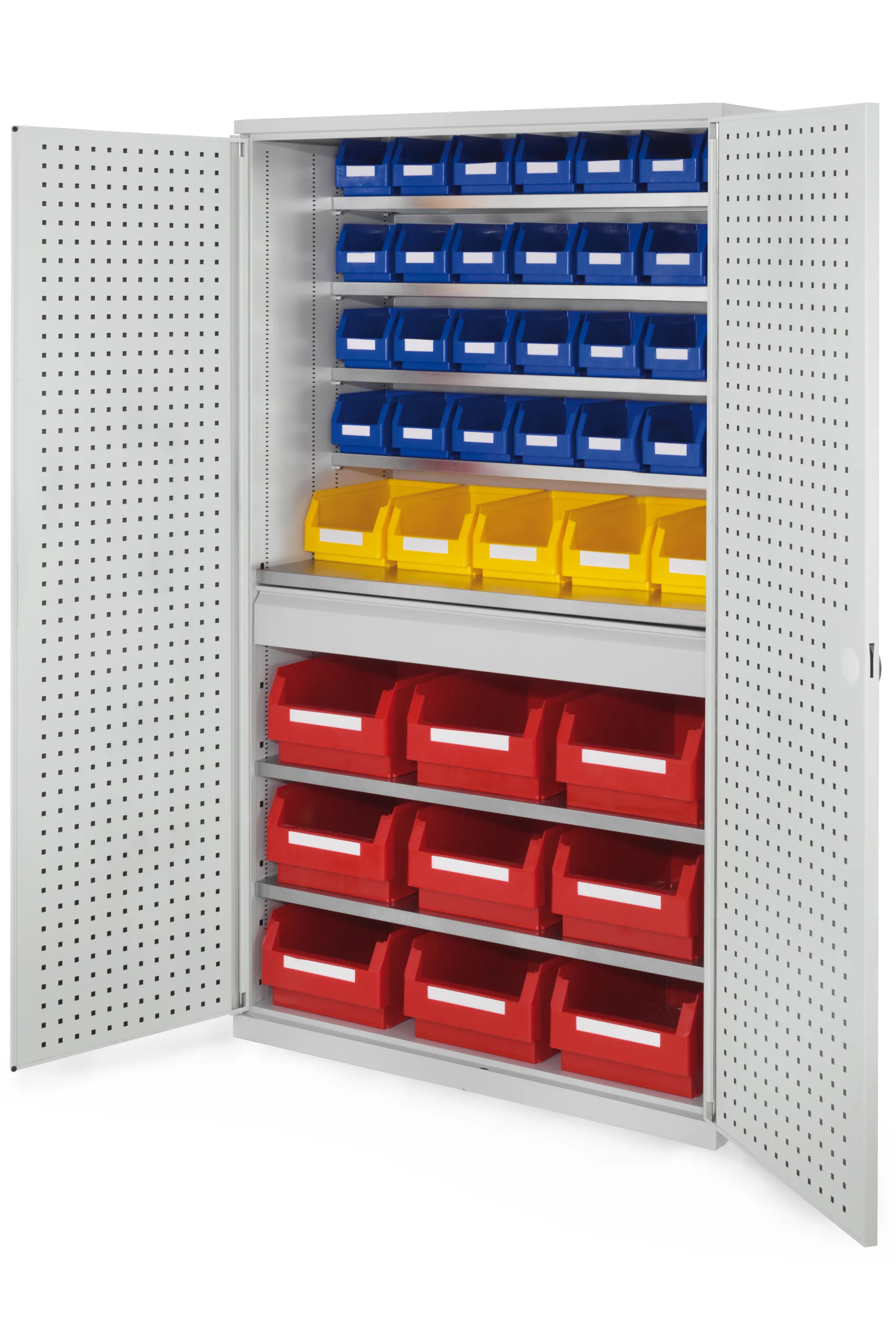 Großraumschrank von Kappes Systeme: Robuste Stahlkonstruktion mit RasterPlan Lochplatten, zentraler Schublade und vielseitigen Lagersichtkästen. Modular und funktional.