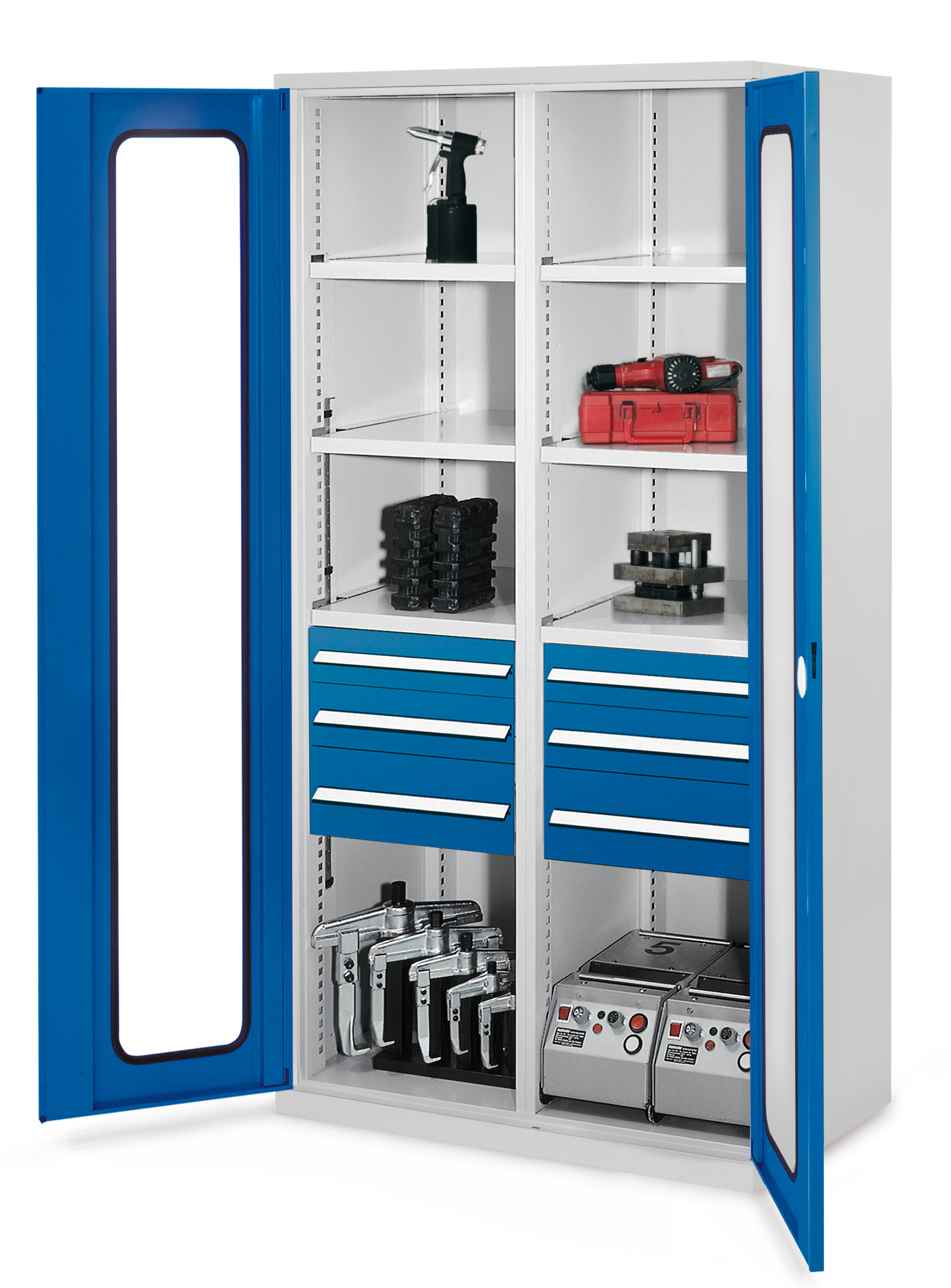 Schwerlastschrank Modell 55 von Kappes Systeme: Robuste Stahlkonstruktion mit Sichtfenstertüren, vielseitigen Schubladen und hoher Tragfähigkeit für sichere Werkzeuglagerung.