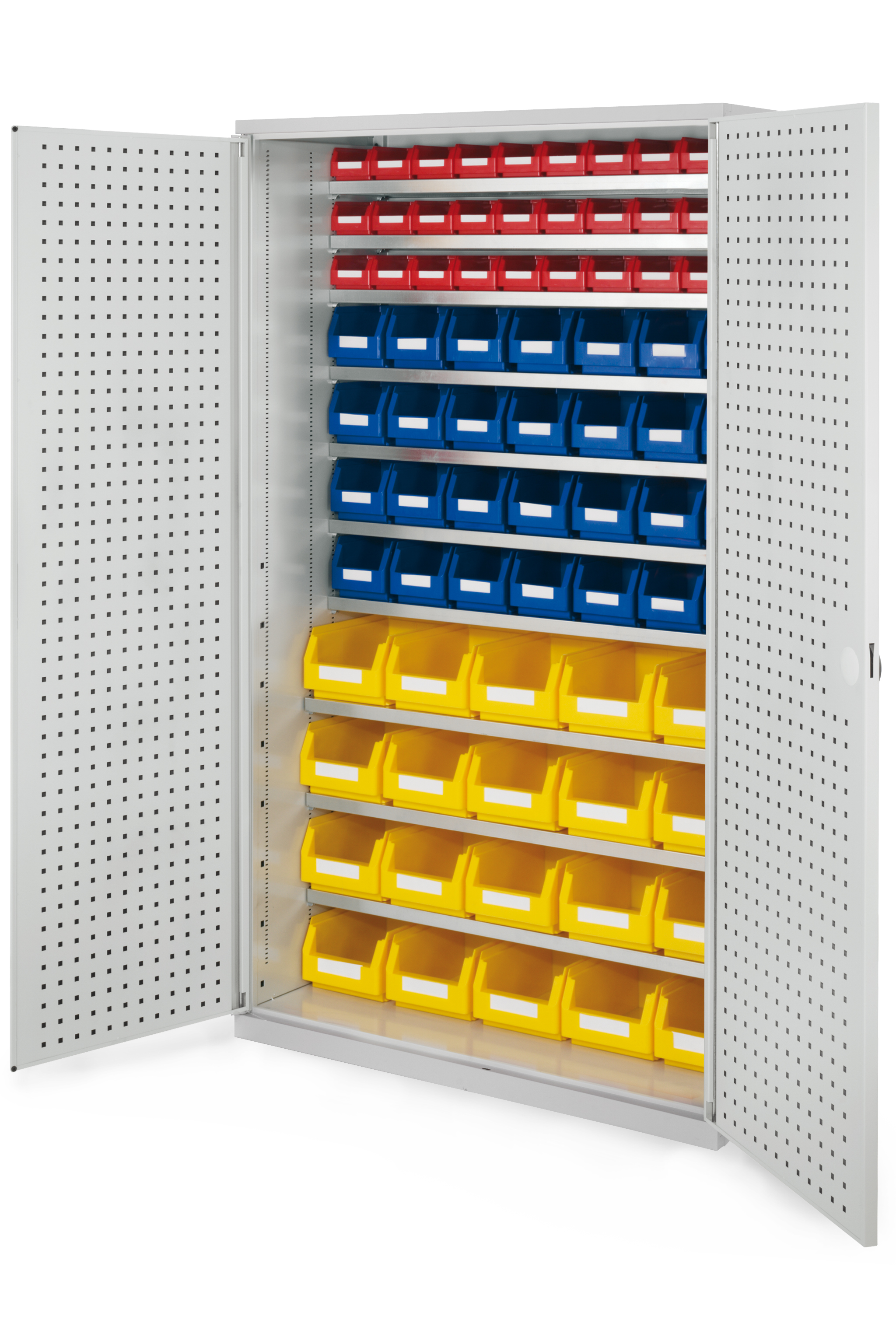 Großraumschrank Modell 11 RAL 7035 1950 x 1130 x 590 mm. Türinnenseite: ®RasterPlan Lochplatten inklusiv Lagersichtkasten 20 x Größe 4 28 x Größe 6 30 x Größe 7.