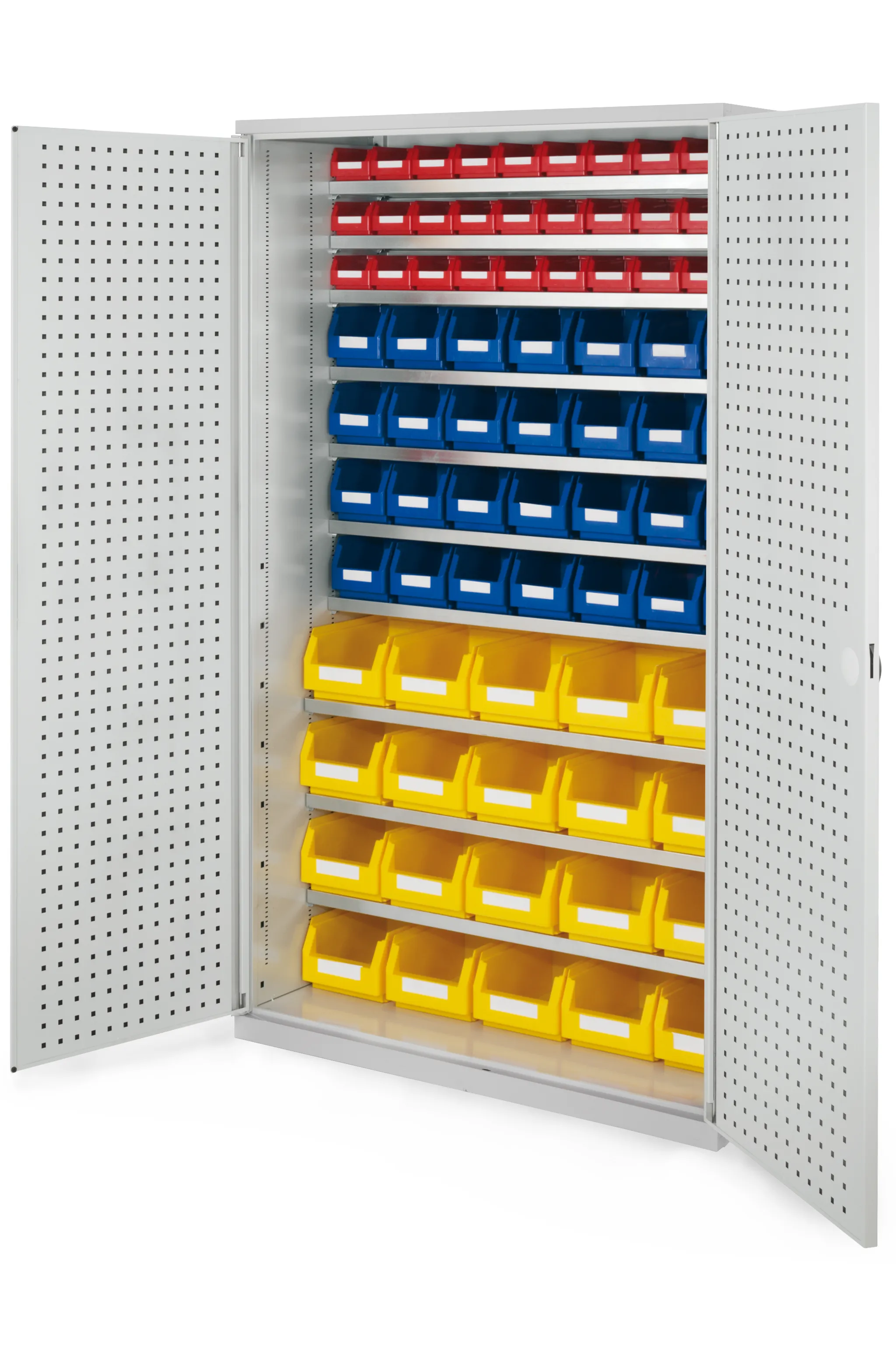 Gro?raumschrank Modell 11 von Kappes Systeme in RAL 7035: Robuste Stahlkonstruktion mit flexiblen Schubladen, Lochplatten und Lagersichtk?sten f?r optimale Lagerung.