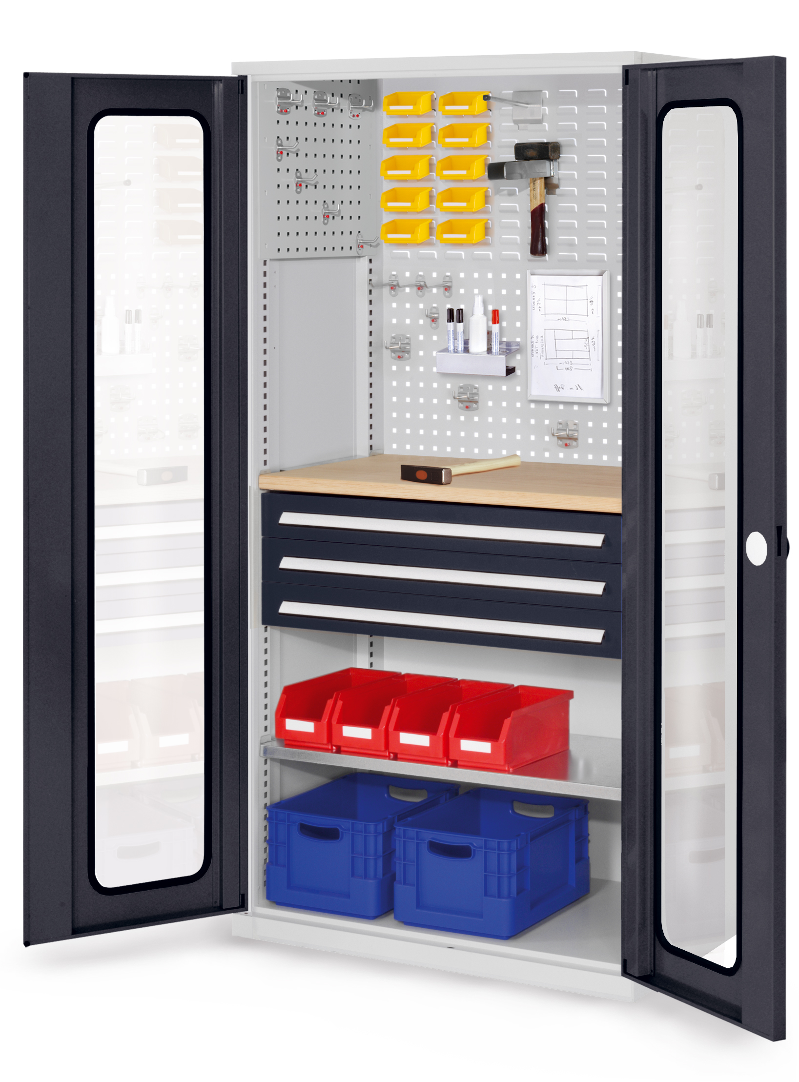 RasterPlan Schubladenschrank Modell 35 von Kappes Systeme: Robuster Stahlschrank in RAL 7035/7016, ideal für Werkzeuge, mit 3 Schubladen, Fachboden und Sicherheits-Schloss.