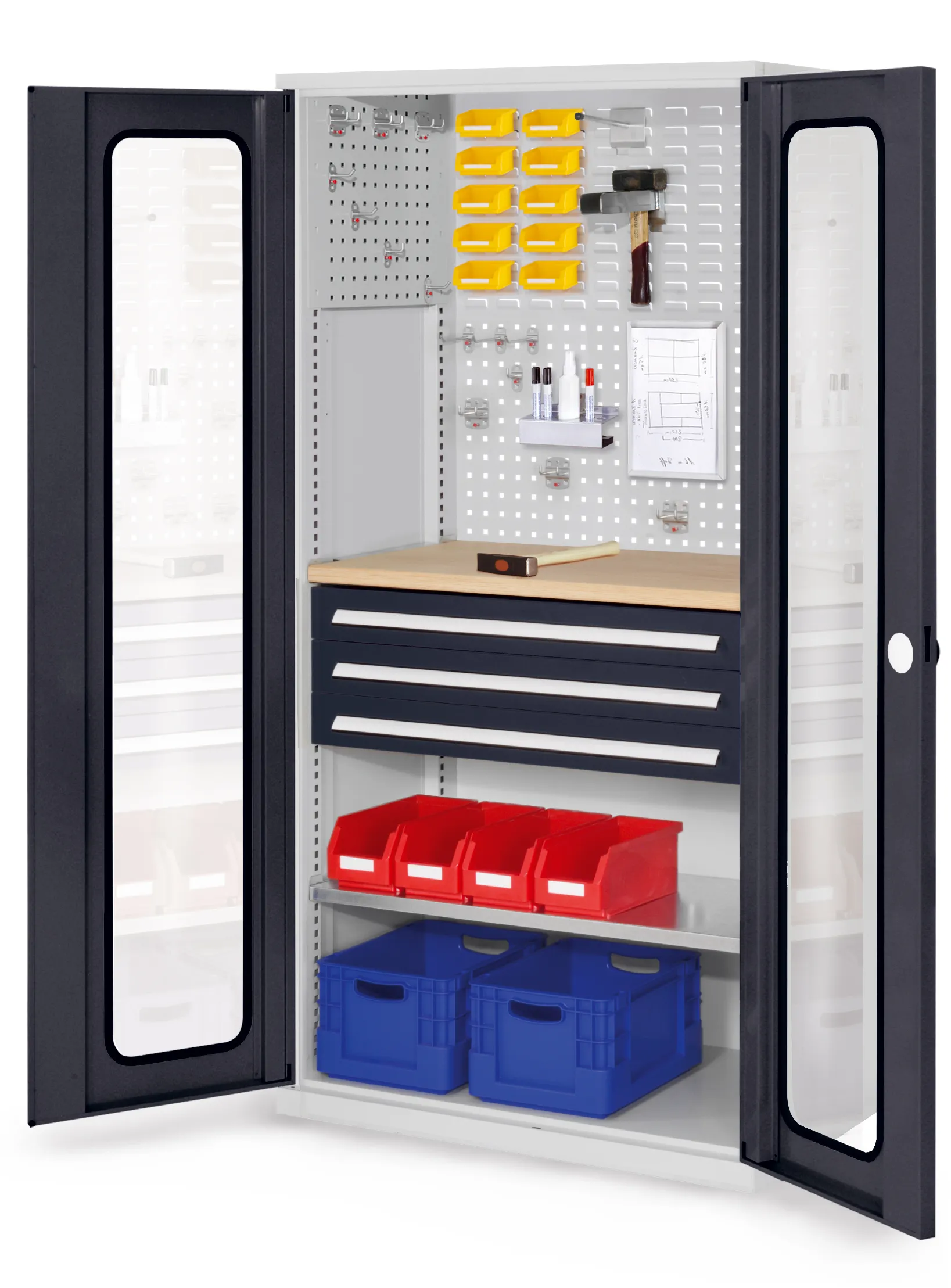 RasterPlan Schubladenschrank Modell 35 von Kappes Systeme: Robuster Stahlschrank in RAL 7035/7016, ideal f?r Werkzeuge, mit 3 Schubladen, Fachboden und Sicherheits-Schloss.