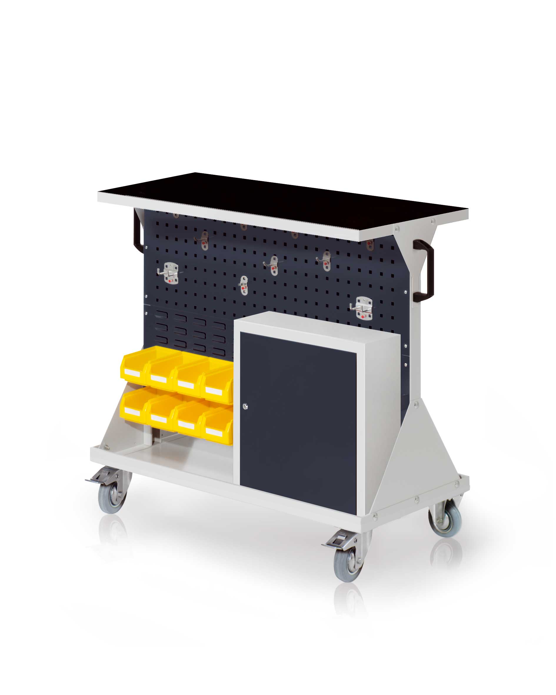 Das RasterMobil Gr. 2 von Kappes Systeme ist ein mobiles, modulares Lager mit ergonomischen Griffen und robusten Rollen, ideal für Werkstätten und Montagehallen.