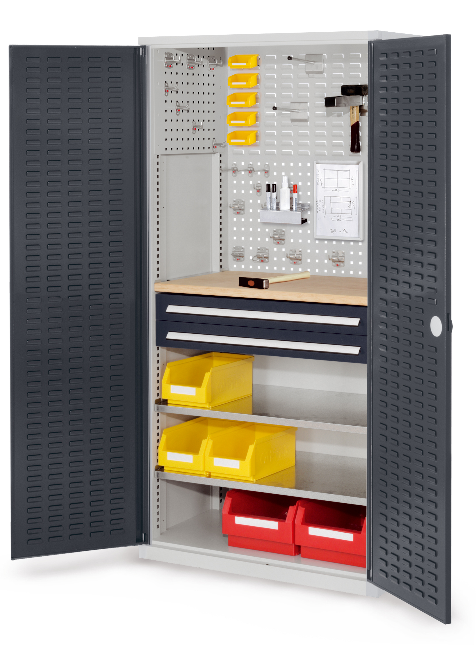 Der RasterPlan Schubladenschrank Modell 24 von Kappes Systeme bietet robuste Lagerung mit individuell anpassbaren Schubladen und einer praktischen Werkbankplatte.