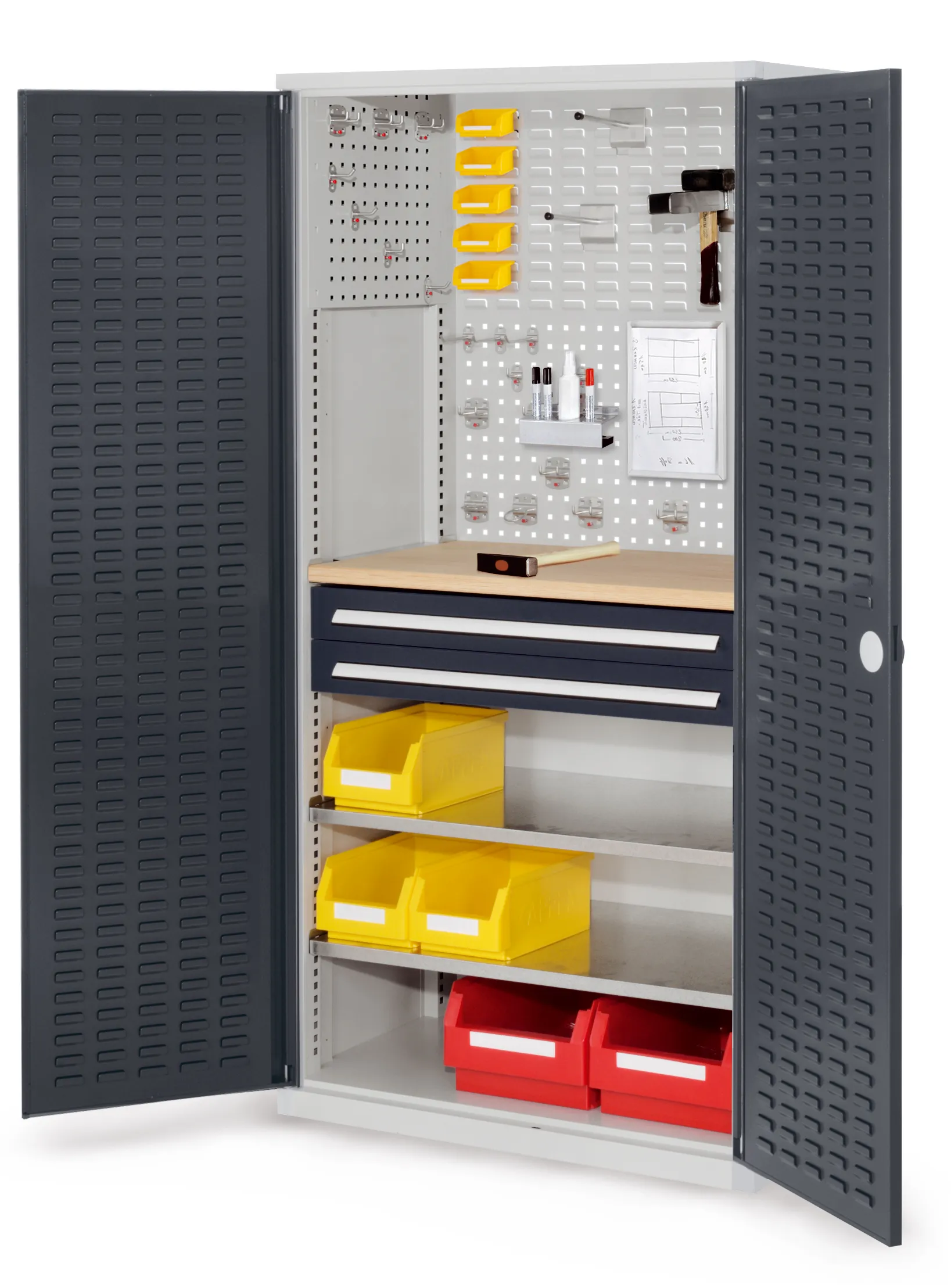 Der RasterPlan Schubladenschrank Modell 24 von Kappes Systeme bietet robuste Lagerung mit individuell anpassbaren Schubladen und einer praktischen Werkbankplatte.