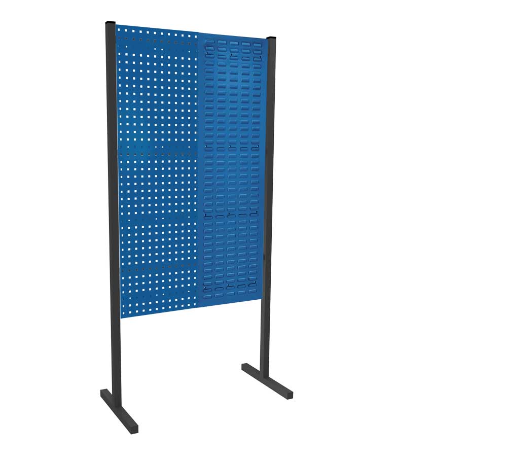 Das ®RasterPlan Trennwand Einzelfeld in RAL 5010 bietet flexible Raumtrennung mit Loch- und Schlitzplatten, ideal für maßgeschneiderte Arbeitsplatzlösungen.