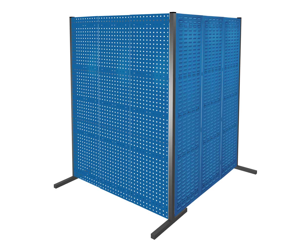 Das ®RasterPlan Trennwandsystem von Kappes Systeme GmbH, 1500x1500x2000 mm, RAL 5010, bietet flexible Raumteilung mit Loch- und Schlitzplatten für industrielle Umgebungen.