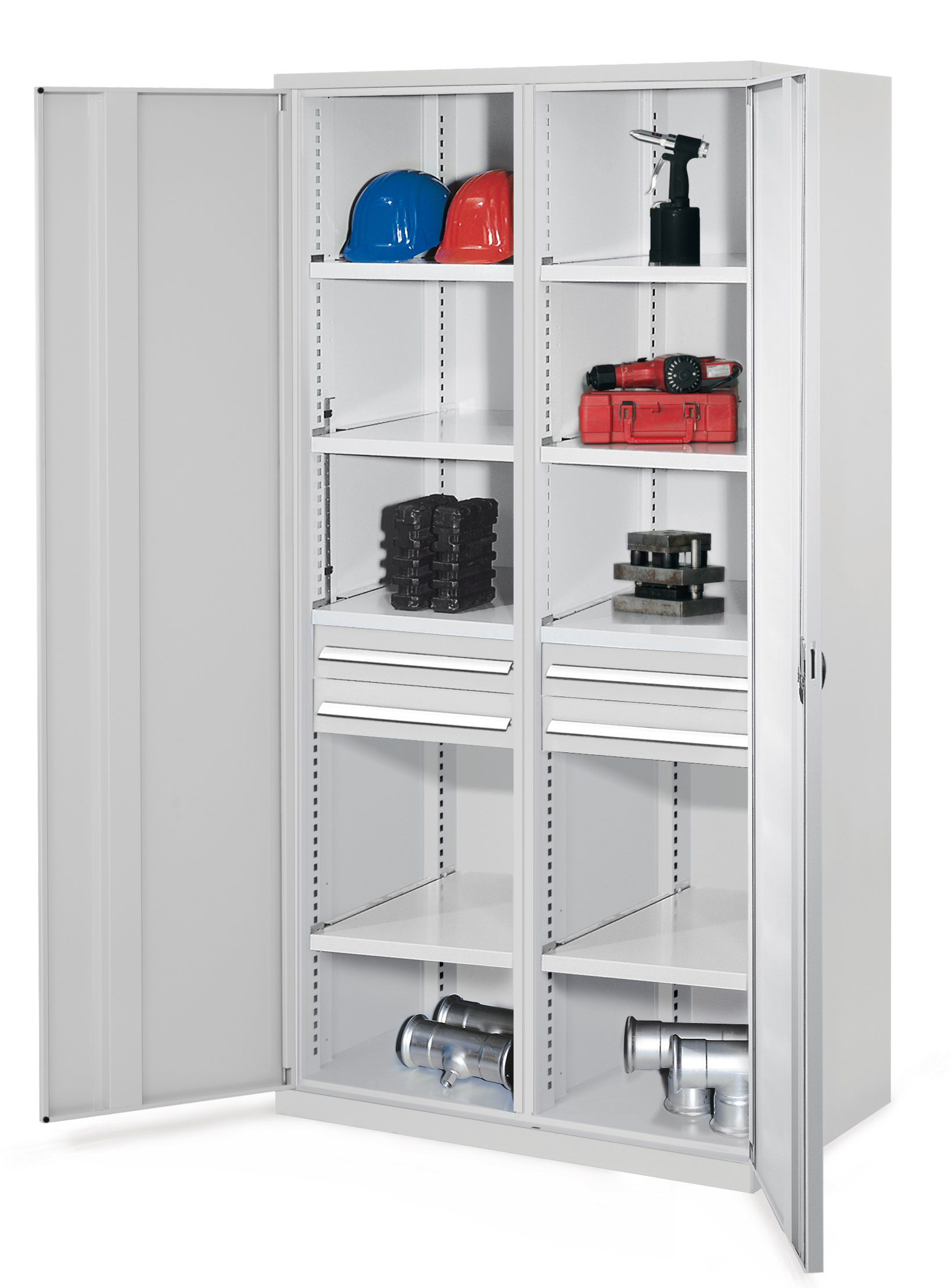 Schwerlastschrank Mod 56 von Kappes Systeme: Robuste Stahlkonstruktion mit Mitteltrennwand, Vollblechtüren, zwei Schubladen und verstellbaren Fachböden. Ideal für Industrie.