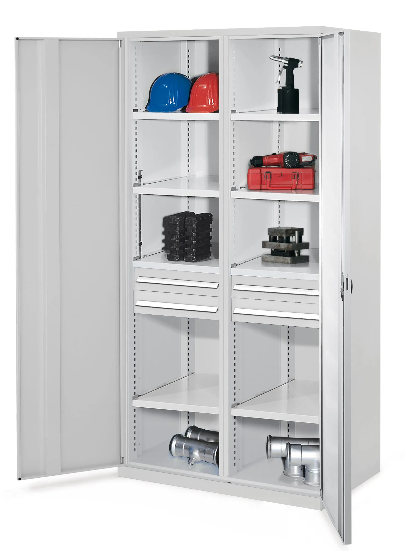 Schwerlastschrank Mod 56 von Kappes Systeme: Robuste Stahlkonstruktion mit Mitteltrennwand, Vollblecht?ren, zwei Schubladen und verstellbaren Fachb?den. Ideal f?r Industrie.