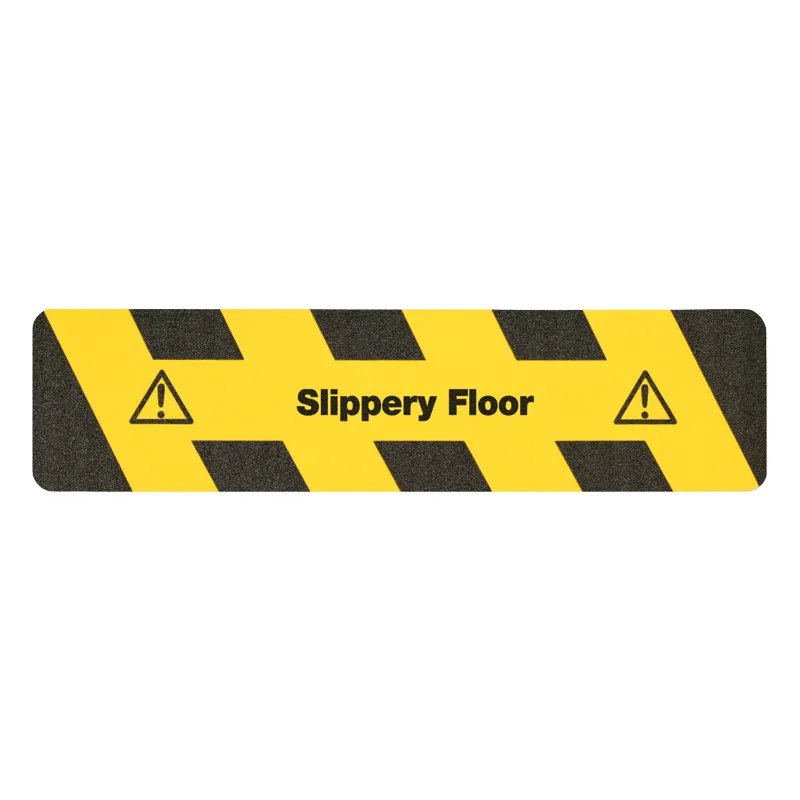 Produktbild zeigt den m2-Antirutschbelag von Mehlhose in Schwarz/Gelb mit Warnmarkierung "Slippery Floor", ideal für Sicherheit und Schutz in stark frequentierten Bereichen.