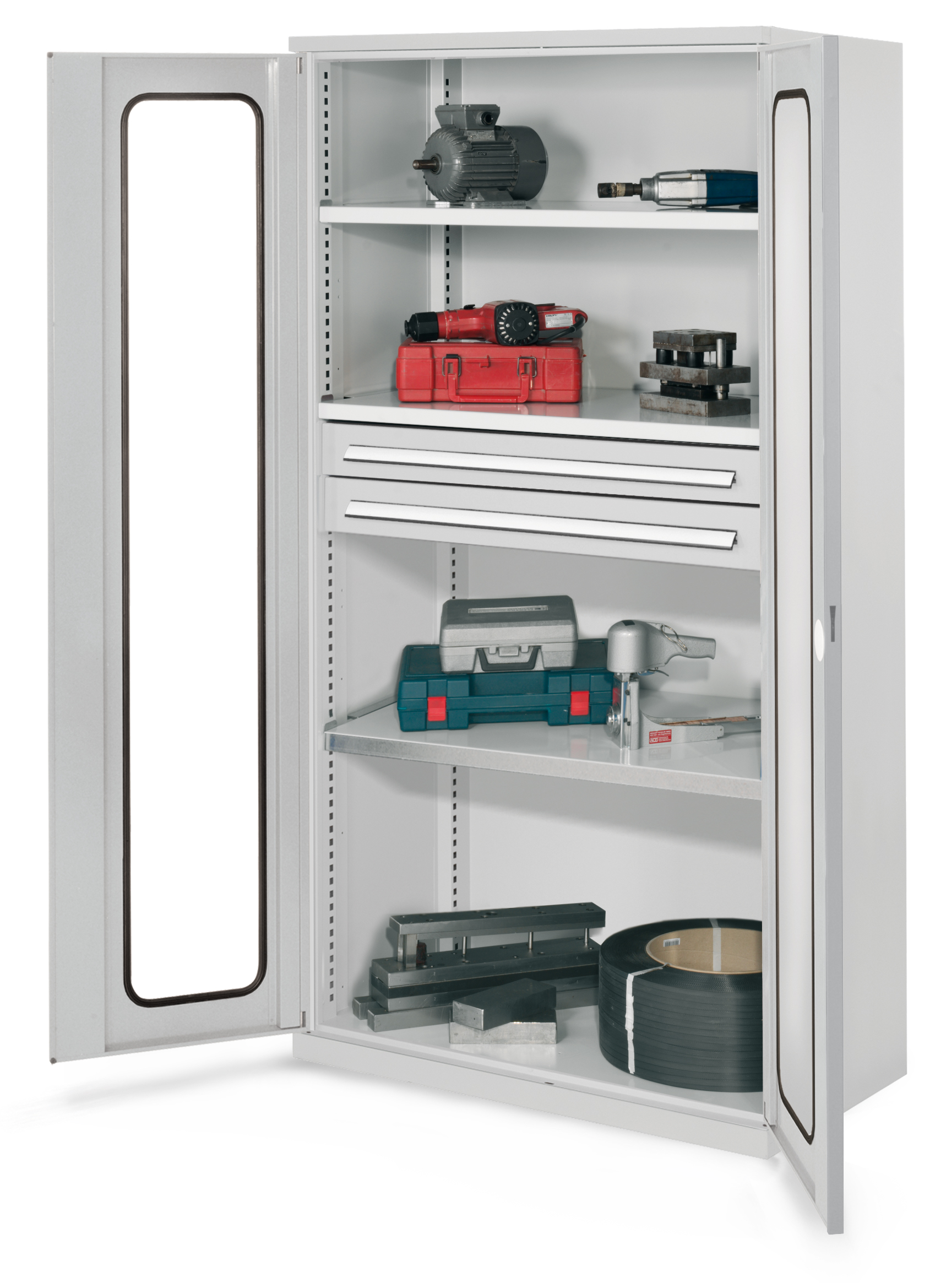 Produktbild des Schwerlastschranks Mod 45 von Kappes Systeme GmbH: Robuste Stahlkonstruktion mit Sichtfenstertüren, ideal für schwere Werkzeuge und Materialien.