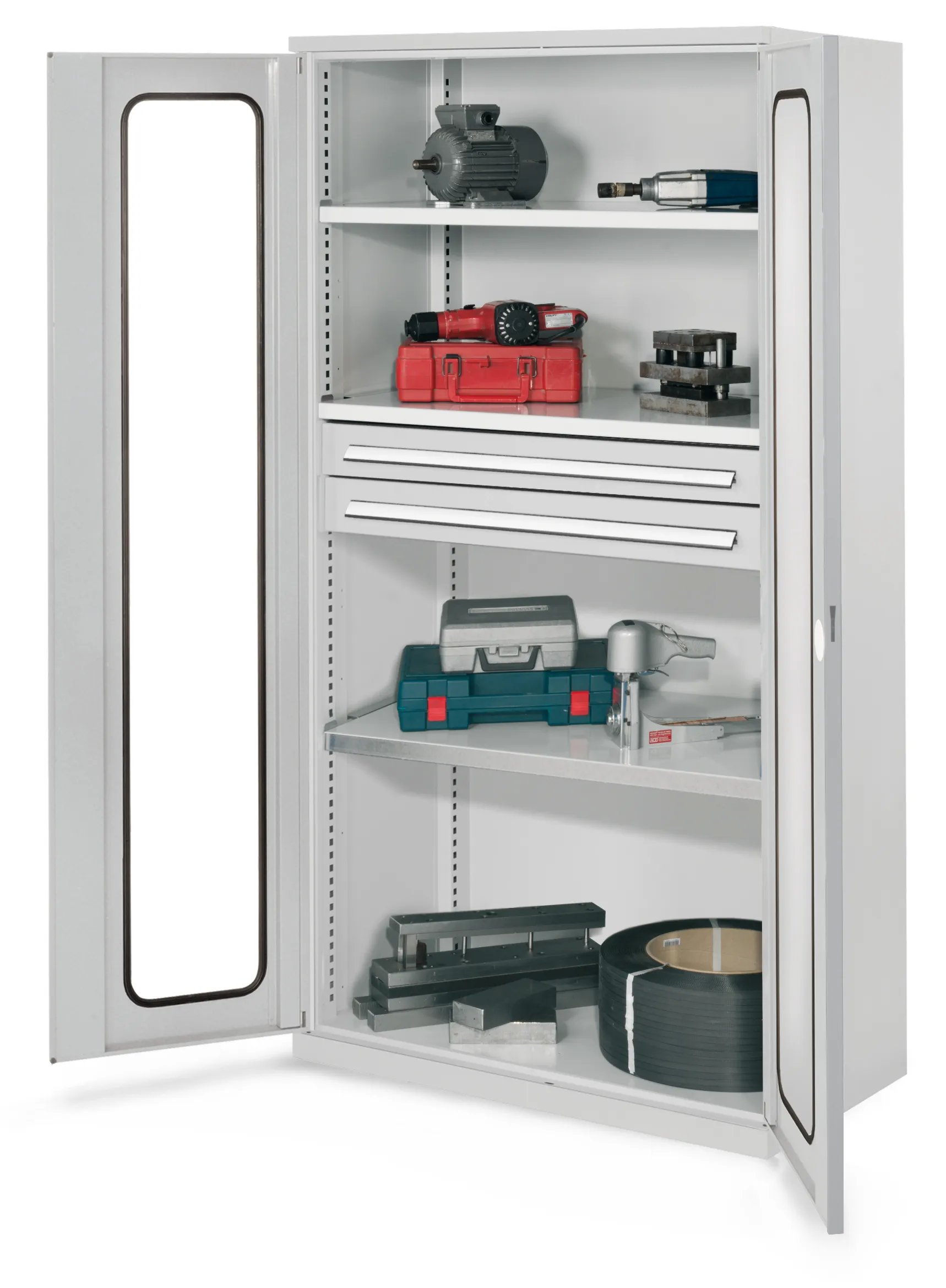 Produktbild des Schwerlastschranks Mod 45 von Kappes Systeme GmbH: Robuste Stahlkonstruktion mit Sichtfenstert?ren, ideal f?r schwere Werkzeuge und Materialien.