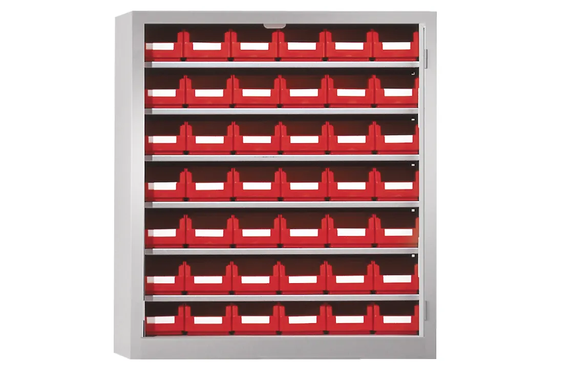 Der Ordnungsschrank Modell 14 von Kappes Systeme GmbH bietet mit 42 Lagersichtkästen und robuster Stahlkonstruktion eine effiziente und sichere Lagerlösung.
