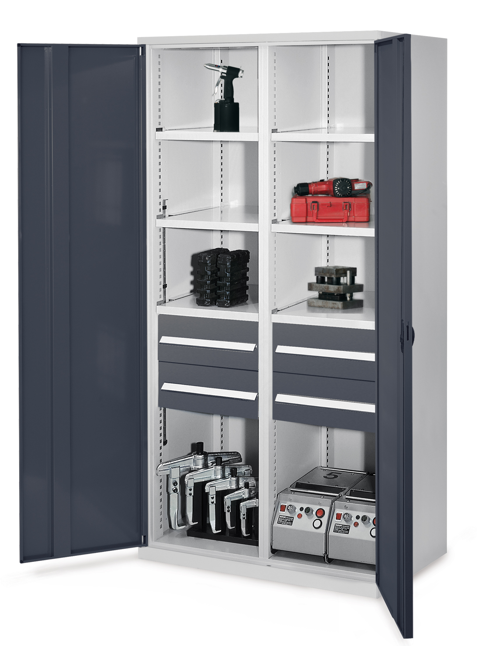 Schwerlastschrank Modell 52 von Kappes Systeme: Robuste Stahlkonstruktion, Mitteltrennwand, verstellbare Fachböden, sichere Türen, ideal für schwere Werkzeuge.