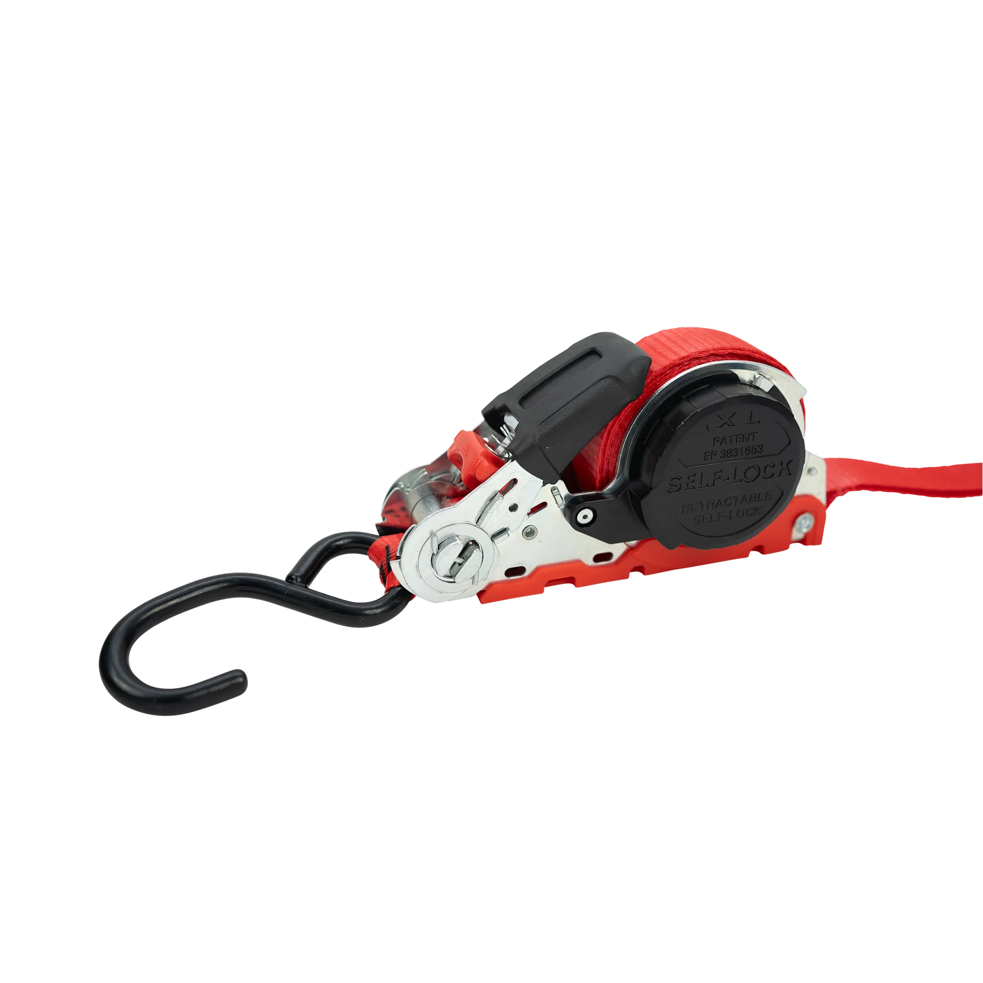 Produktbild zeigt rote Spanngurte von Dolezych mit 25 mm Breite, Druckratsche und PVC-beschichteten S-Haken f?r sichere Befestigung und hohe Zugkraft.