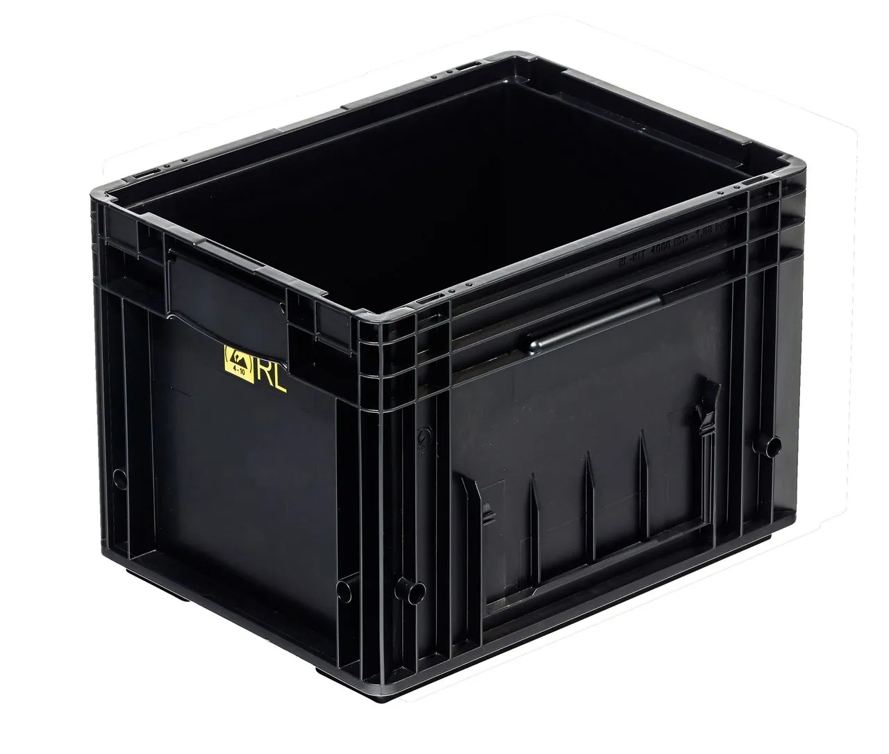 Der schwarze ESD-Behälter von Bekuplast (400x300x280 mm) schützt empfindliche Bauteile vor Entladung, ist leicht, stabil und ideal für Lagerung und Transport.