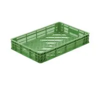 Grüner Bekuplast-Behälter (600x400x100 mm) aus HDPE, ideal für Lagerung und Transport. Durchbrochen für Belüftung, leicht (1010 g) mit 17 l Volumen.