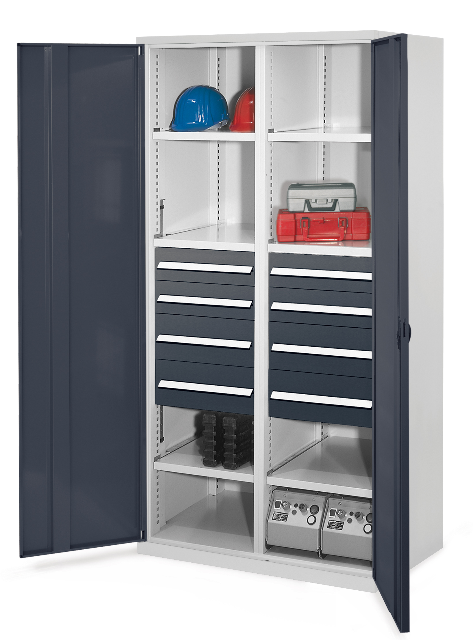 Schwerlastschrank von Kappes Systeme: Robuste Stahlkonstruktion mit Mitteltrennwand, Vollblechtüren, 8 Schubladen, verzinkte Fachböden, 1,65 Tonnen Tragkraft.