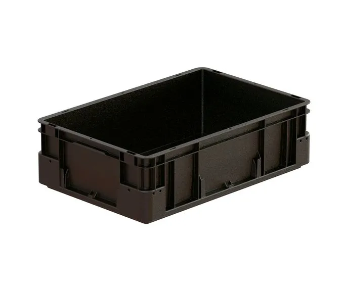 Der schwarze ESD-Beh?lter Silverline von Bekuplast (600x400x180 mm) sch?tzt empfindliche Elektronik vor statischer Entladung und bietet sicheren Transport mit geschlossenen Griffen.