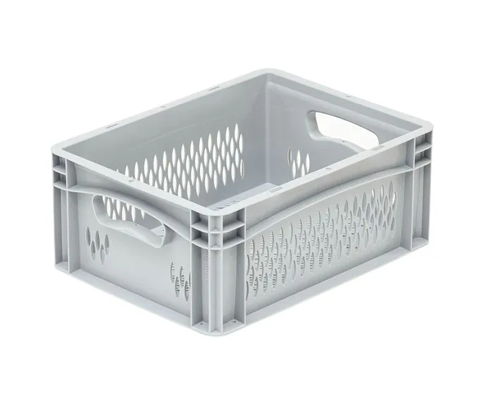 Der graue Basicline-Behälter von Bekuplast (400x300x170 mm) bietet durchbrochene Seiten für Luftzirkulation, offene Griffe und glatten Boden für einfache Reinigung.