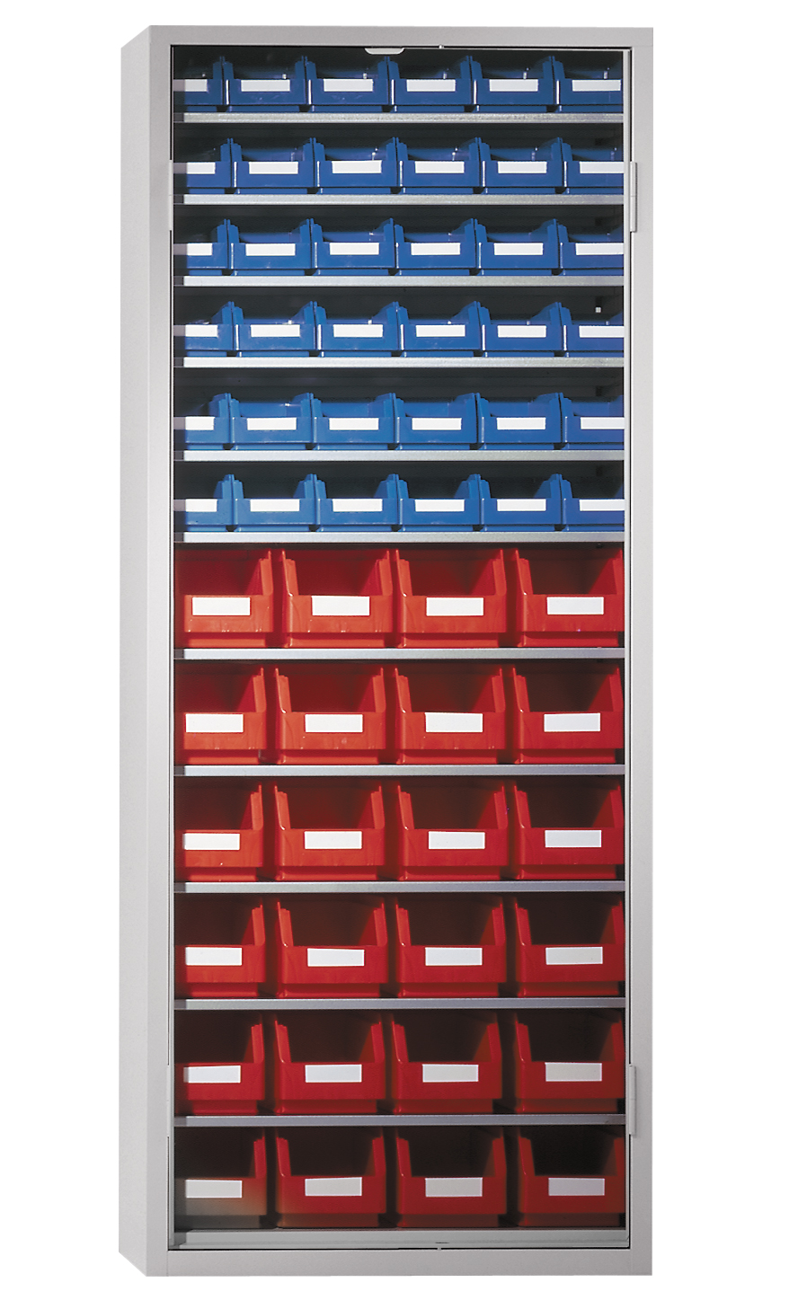 Ordnungsschrank Modell 21 von Kappes Systeme: Robuste, lichtgraue Stahlkonstruktion ohne T?ren, mit 60 Lagersichtk?sten f?r flexible und sichere Materialaufbewahrung.