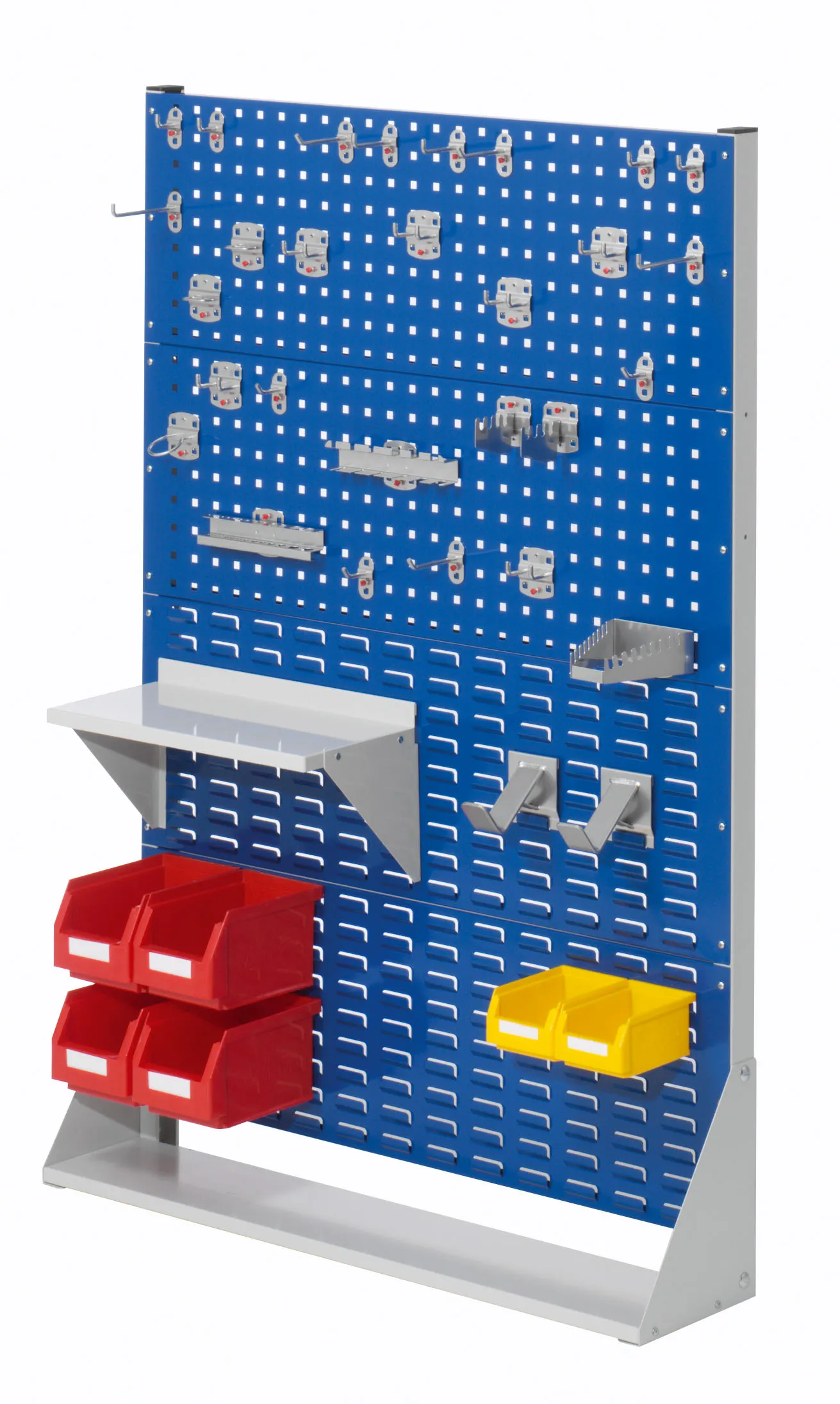 Die einseitige ?RasterPlan Stellwand von Kappes Systeme GmbH (H1450 x B1000 x T240 mm) in RAL 7035/5010 bietet effiziente Werkzeugorganisation mit 28-teiligem Halterset.