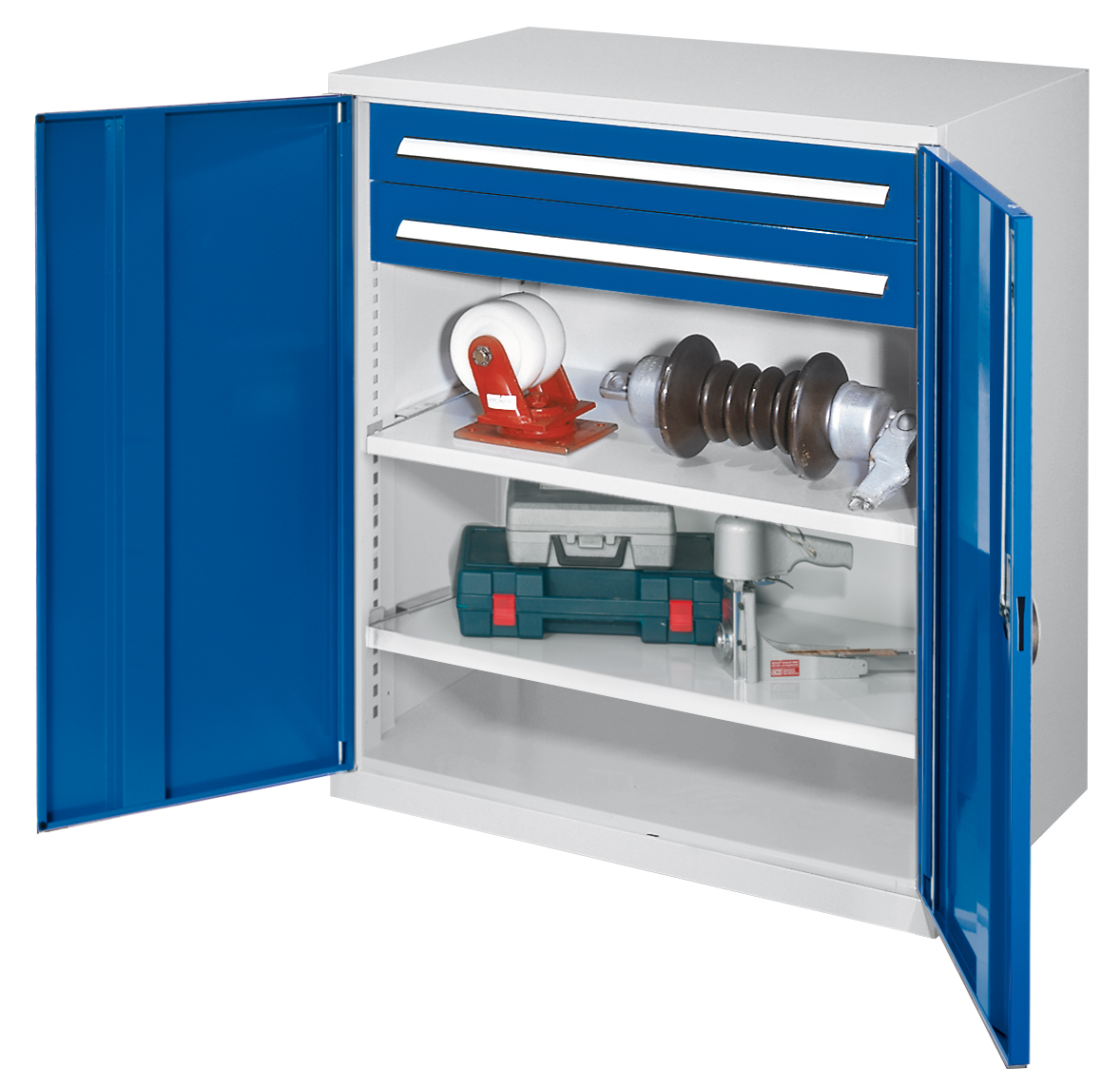 Schwerlast-Beistellschrank Modell 63 von Kappes Systeme: Robuste Stahlkonstruktion, Vollblechtüren, 2 Schubladen, 2 Fachböden, hohe Belastbarkeit bis 1,65 t.