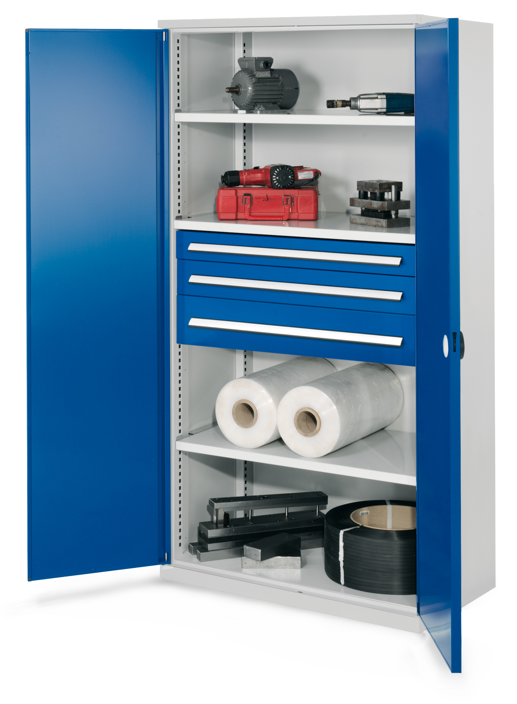Der Schwerlastschrank Mod 46 von Kappes Systeme GmbH bietet robuste, doppelwandige Türen und verstellbare Fachböden, ideal für industrielle Anwendungen.
